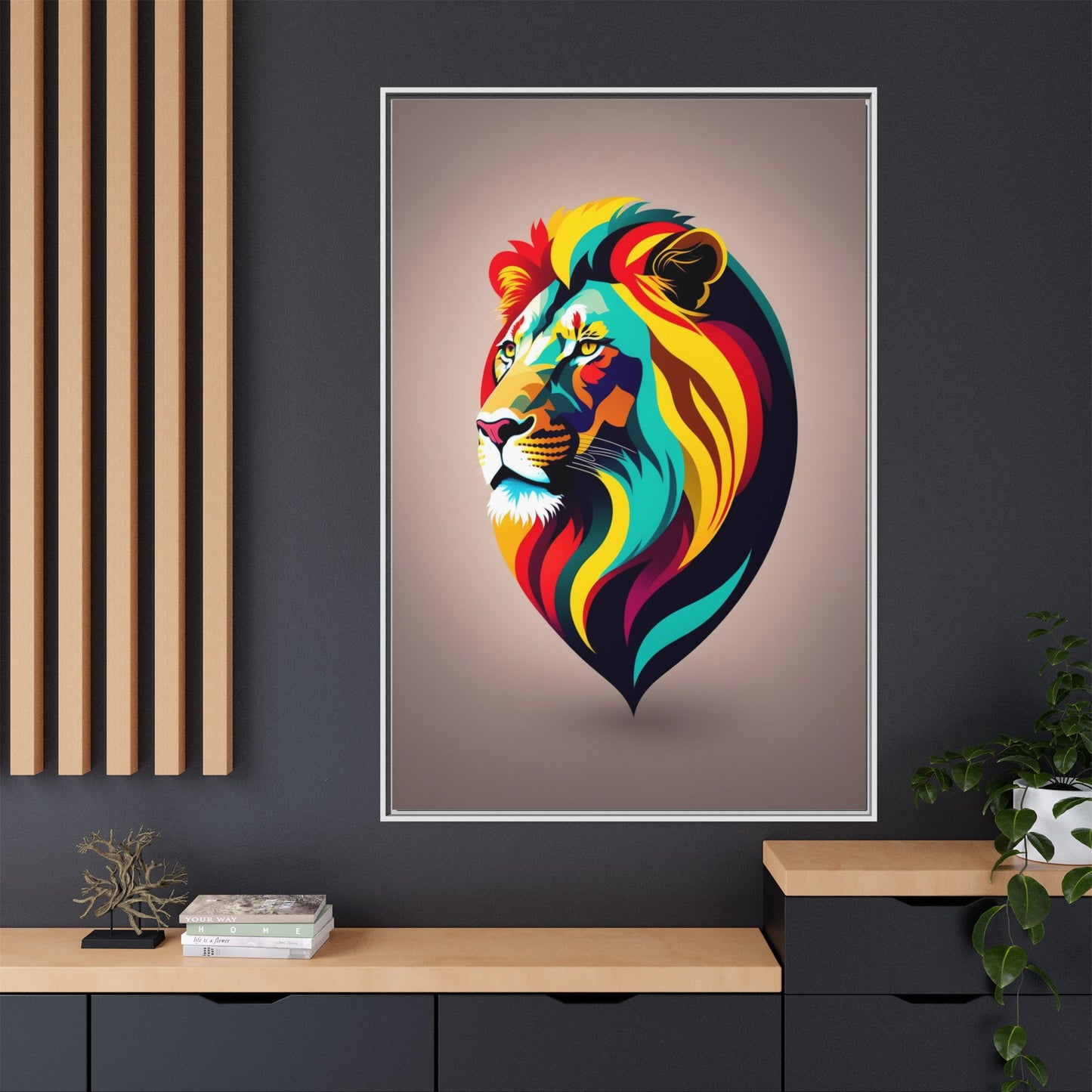 Vibrant Lion Canvas Wall Art, Framed Art Print, Colorful Animal Decor, Living Room Art, Unique Gift Idea