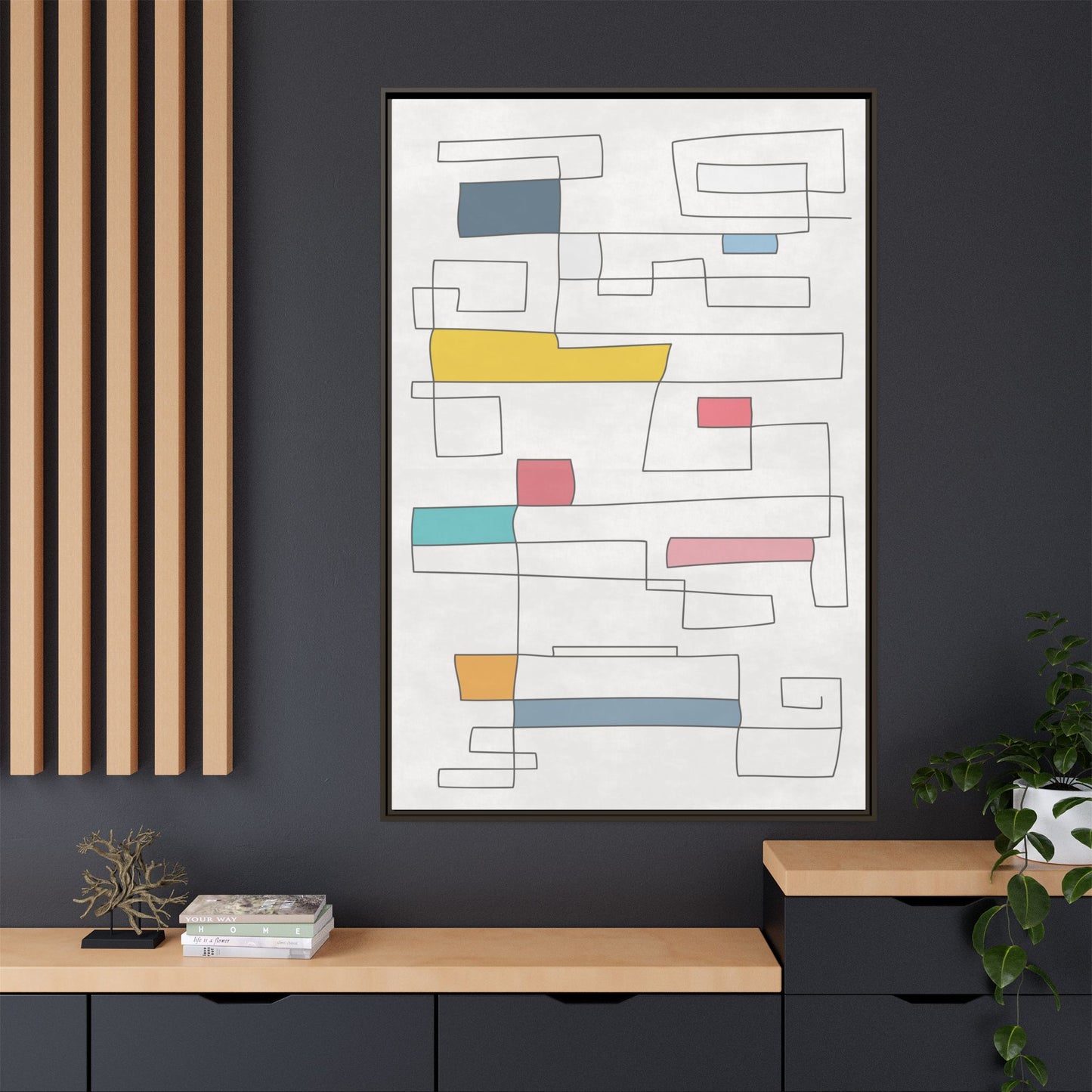 Abstract Line Art Framed Canvas - Modern Multi-Color Wall Decor