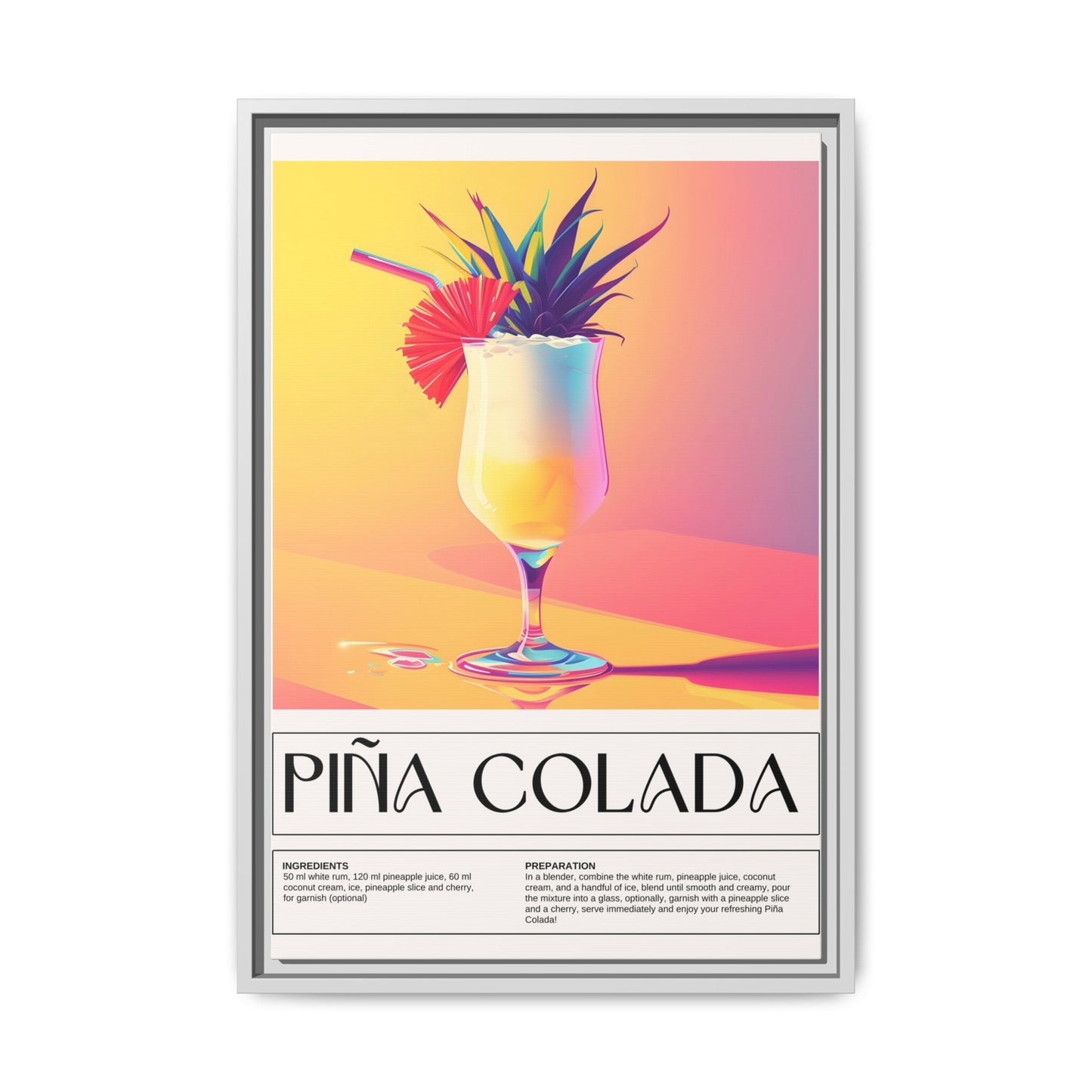 Piña Colada Art Print, Tropical Wall Decor, Summer Vibes Framed Canvas, Cocktail Lover Gift, Home Bar Decoration