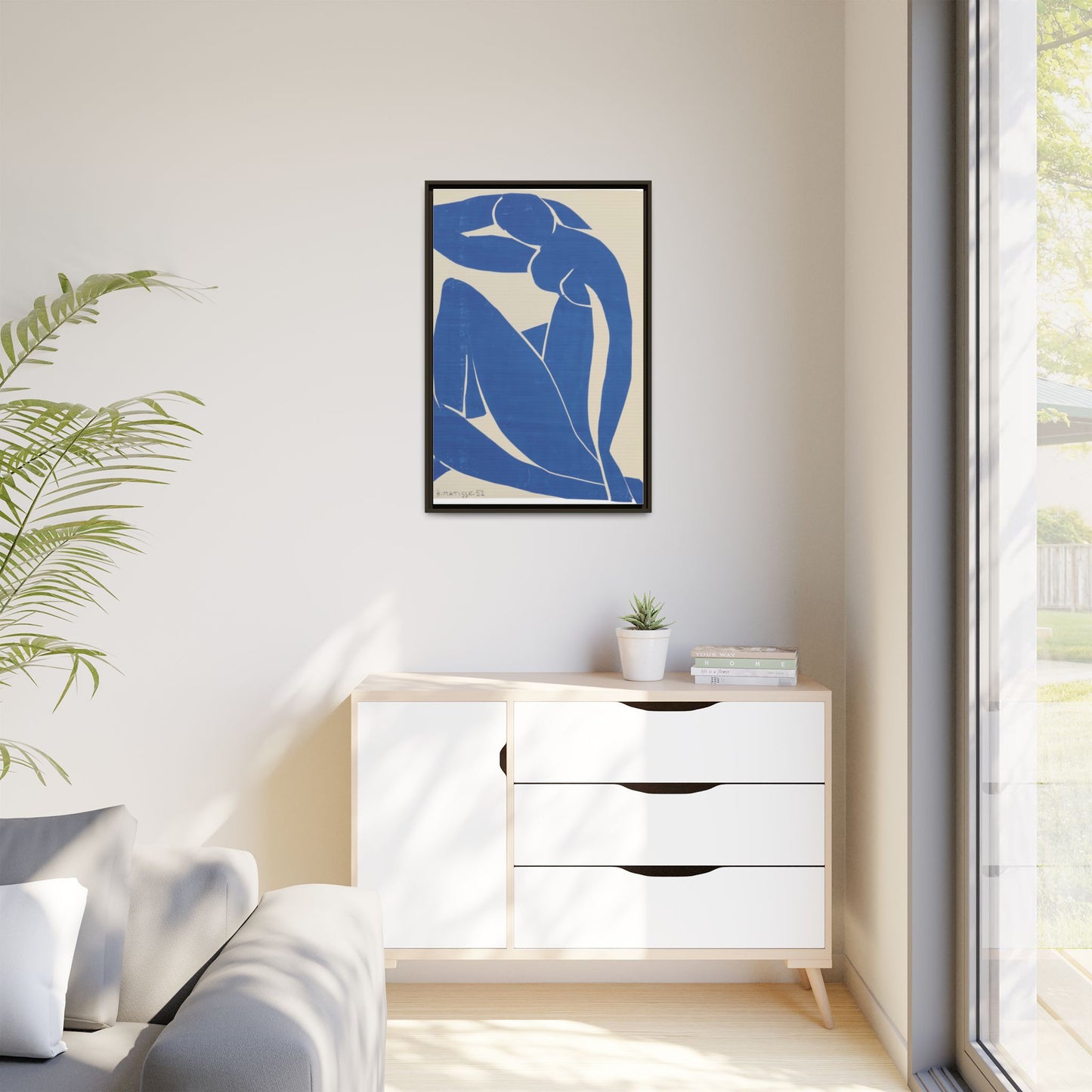 Contemporary Framed Canvas Art - Blue Abstract Figure, Modern Home Decor, Gift for Art Lovers, Stylish Wall Art, Feminine Vibe