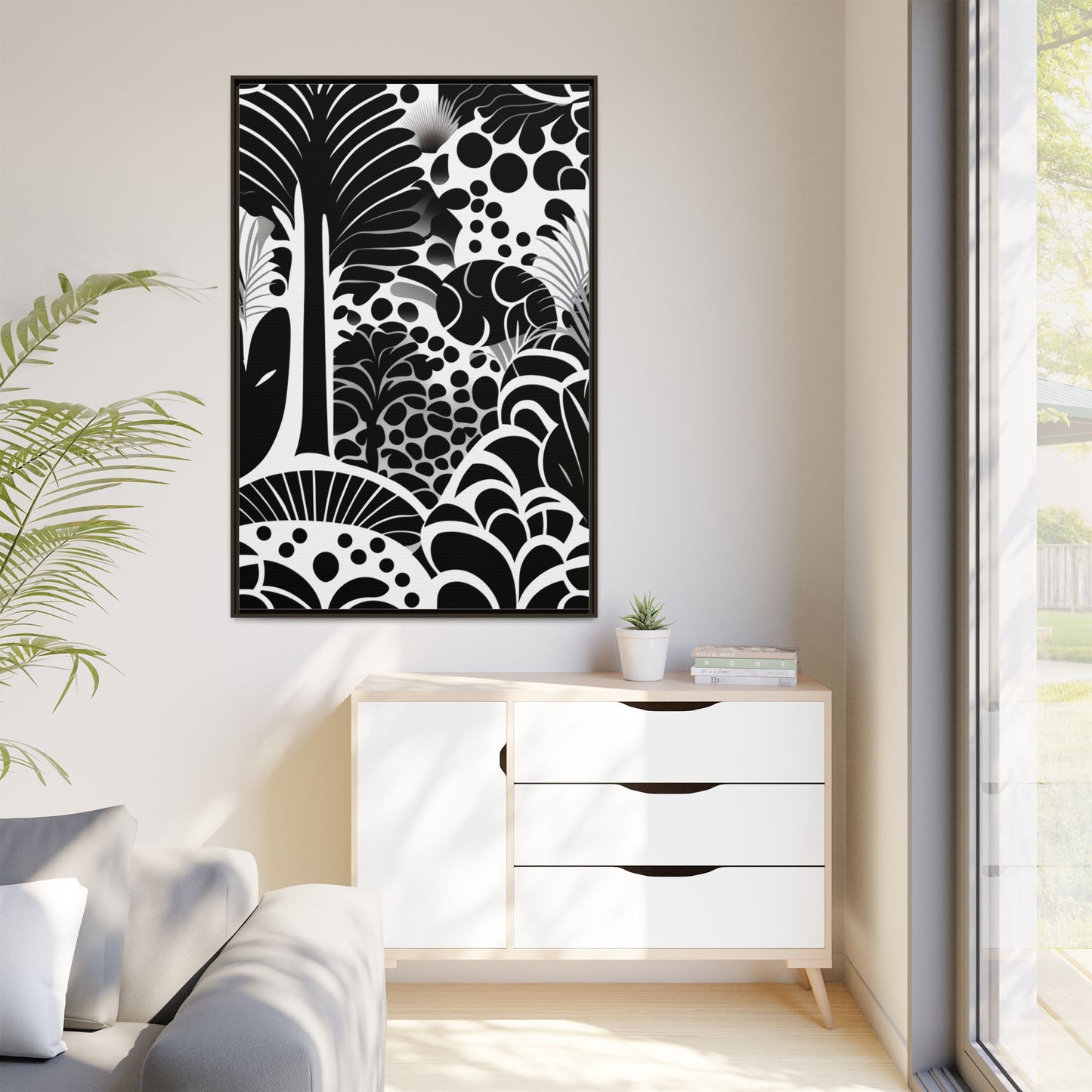 Black and White Framed Art Print, Modern Wall Décor, Minimalist Home Decoration, Botanical Canvas Artwork, Gift for Art Lovers