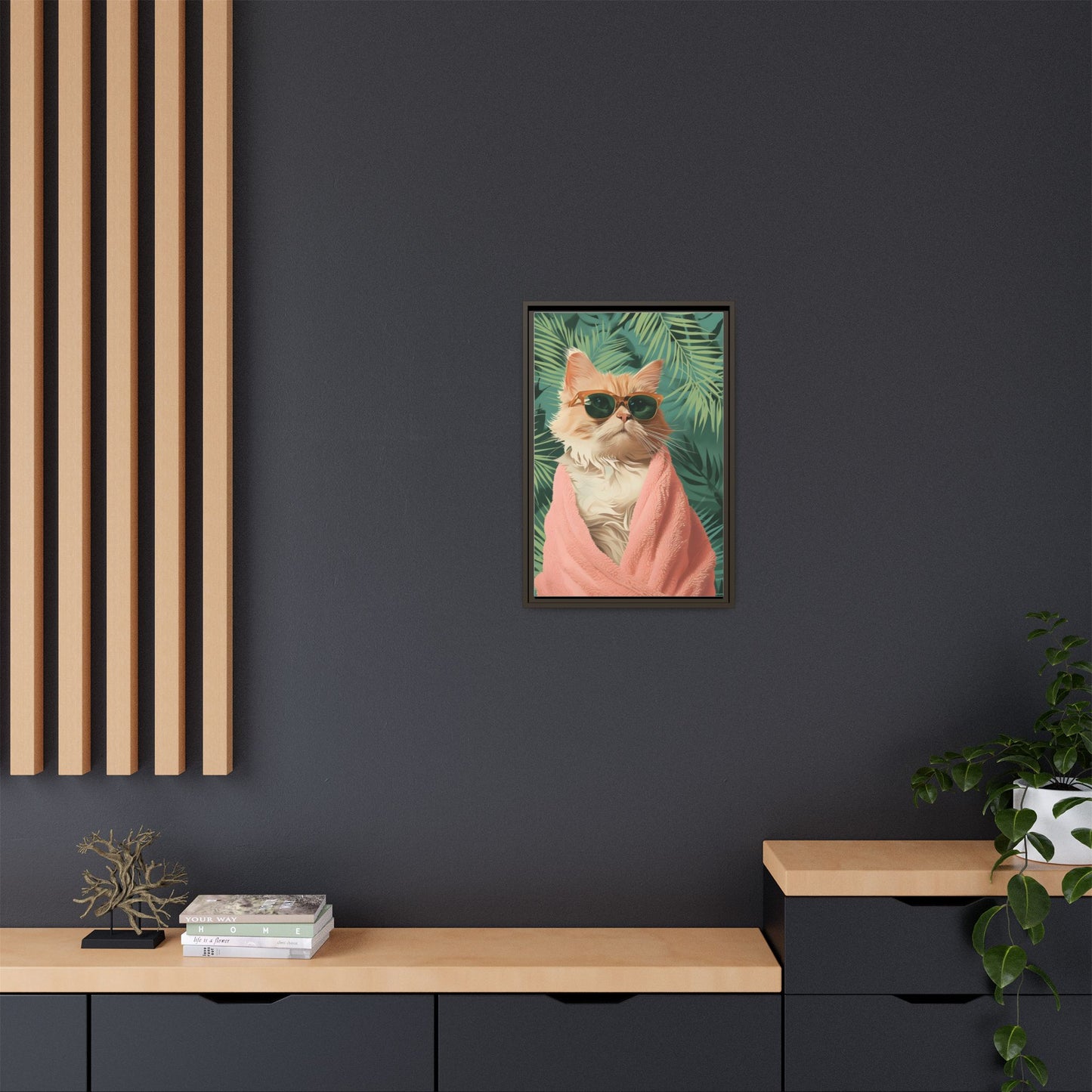 Framed Cat Art Print, Cool Cat Wall Decor, Tropical Vibe Home Decor, Fun Pet Lover Gift, Cute Animal Wall Art