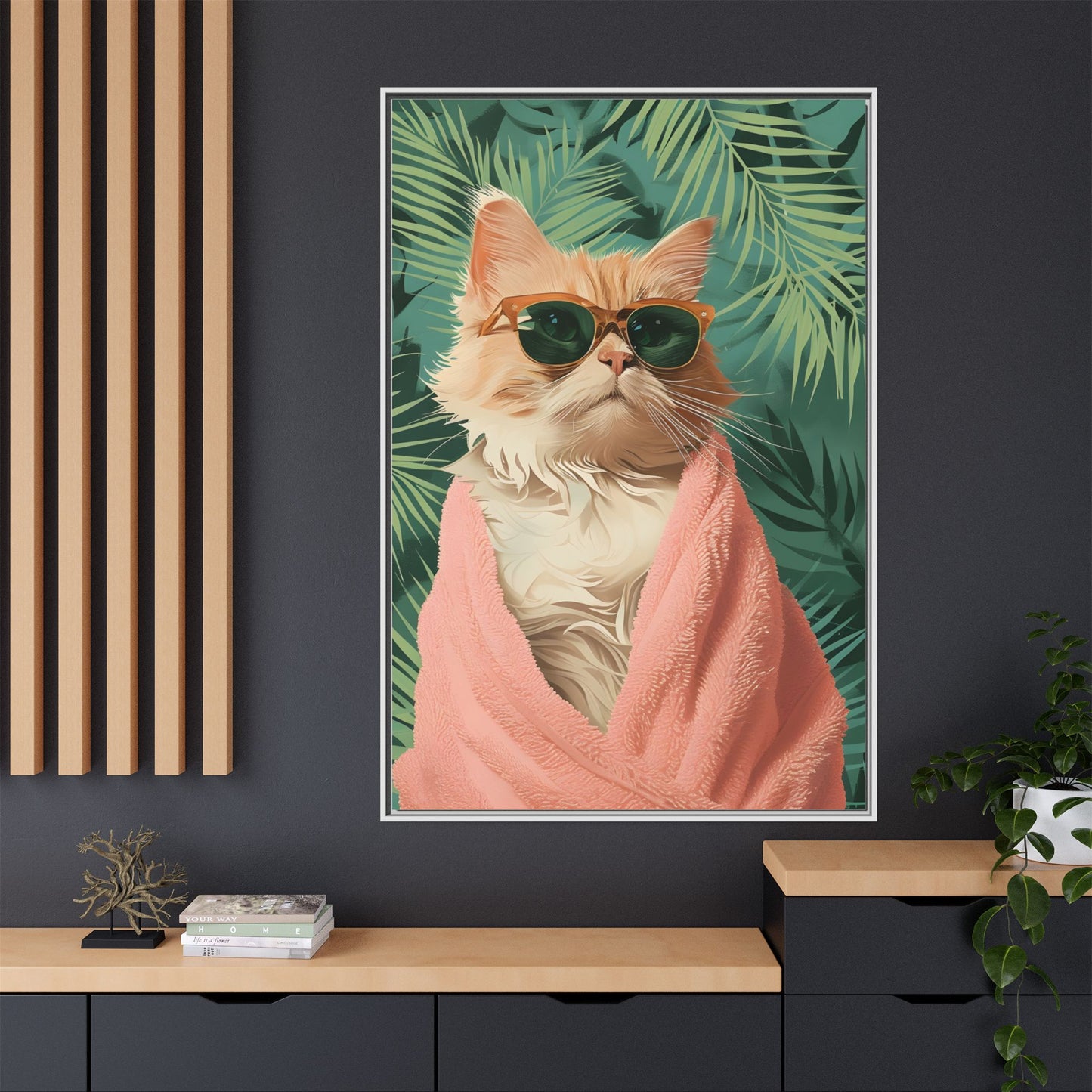 Framed Cat Art Print, Cool Cat Wall Decor, Tropical Vibe Home Decor, Fun Pet Lover Gift, Cute Animal Wall Art