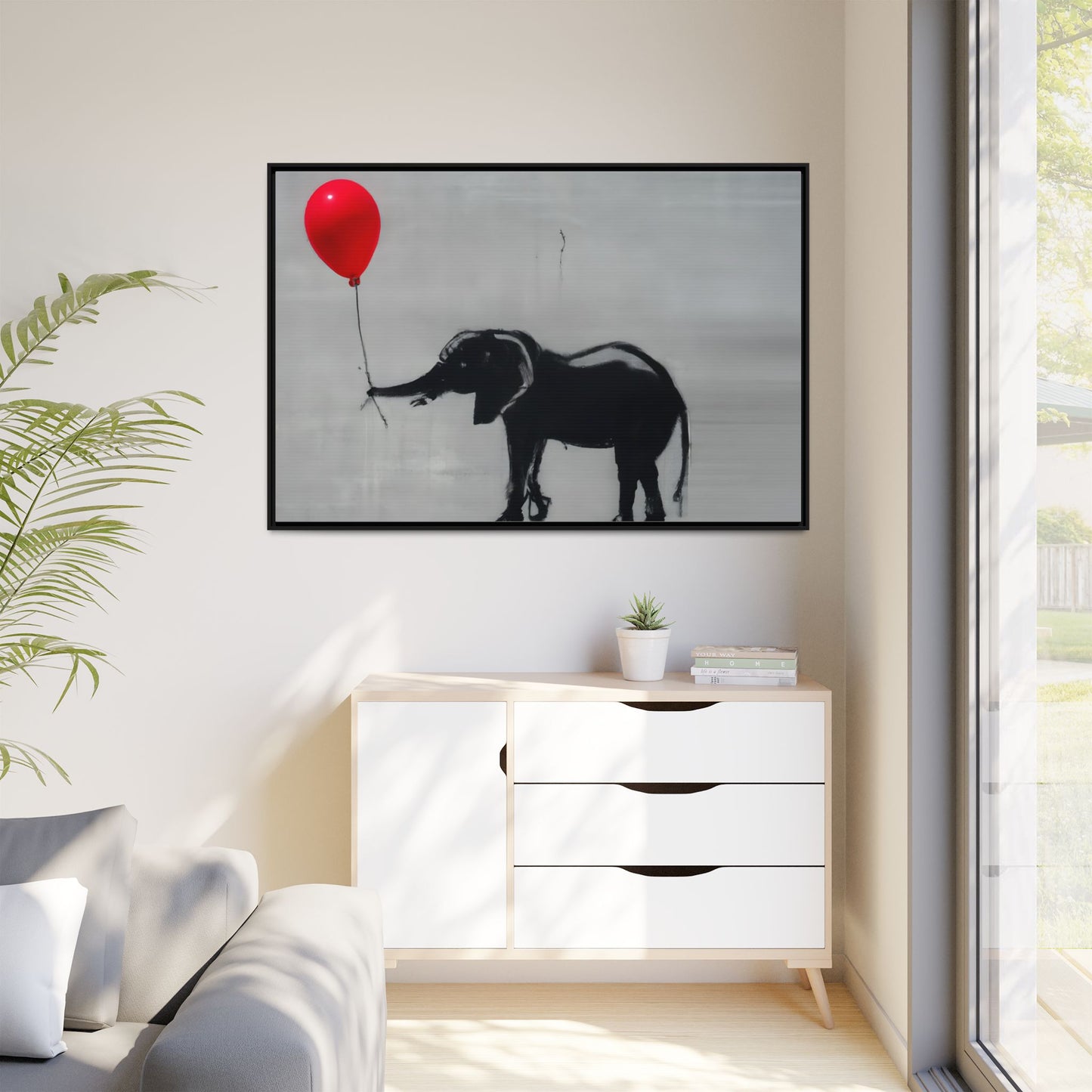 Framed Elephant Canvas Art - Playful Balloon Design