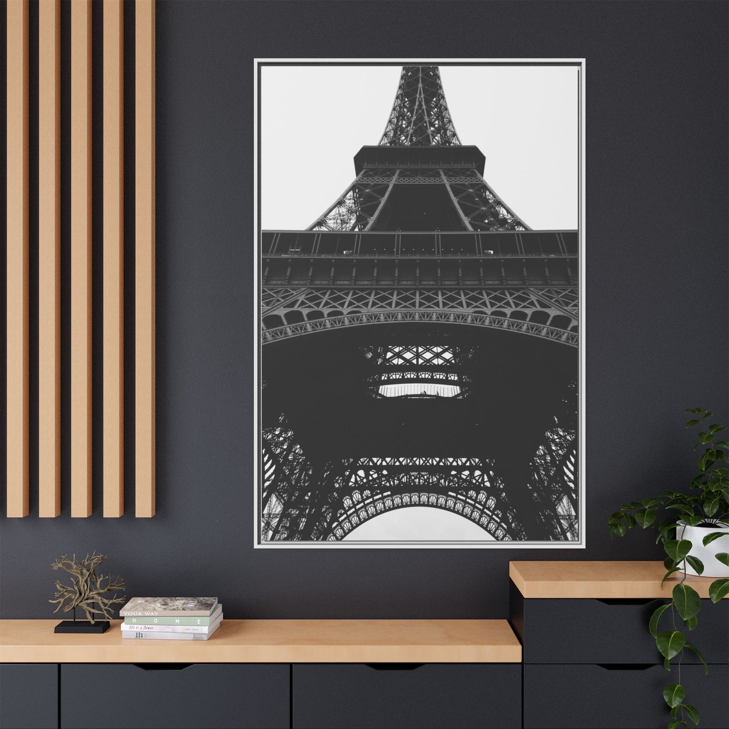Eiffel Tower Matte Canvas Wall Art - Framed Black and White Decor
