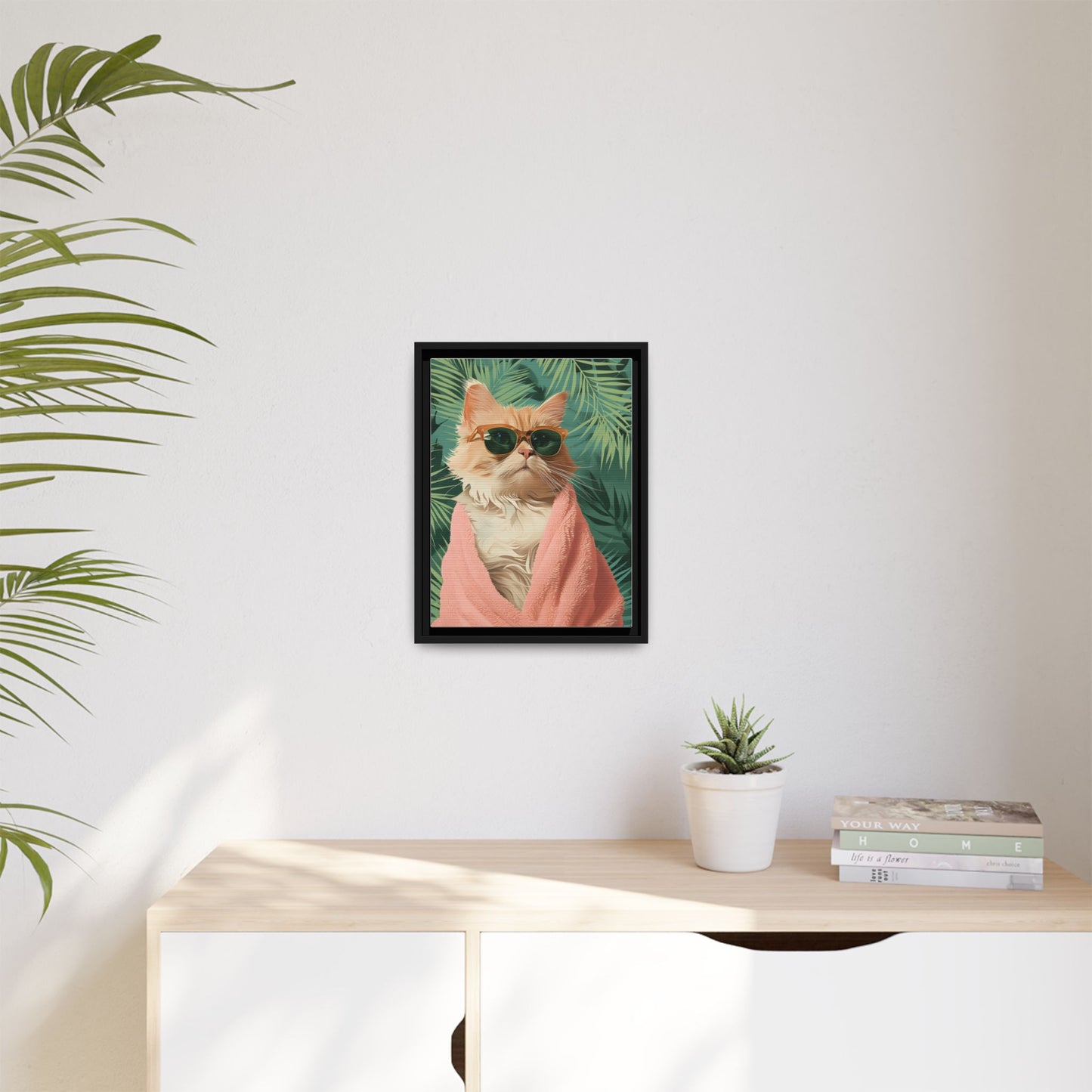 Framed Cat Art Print, Cool Cat Wall Decor, Tropical Vibe Home Decor, Fun Pet Lover Gift, Cute Animal Wall Art