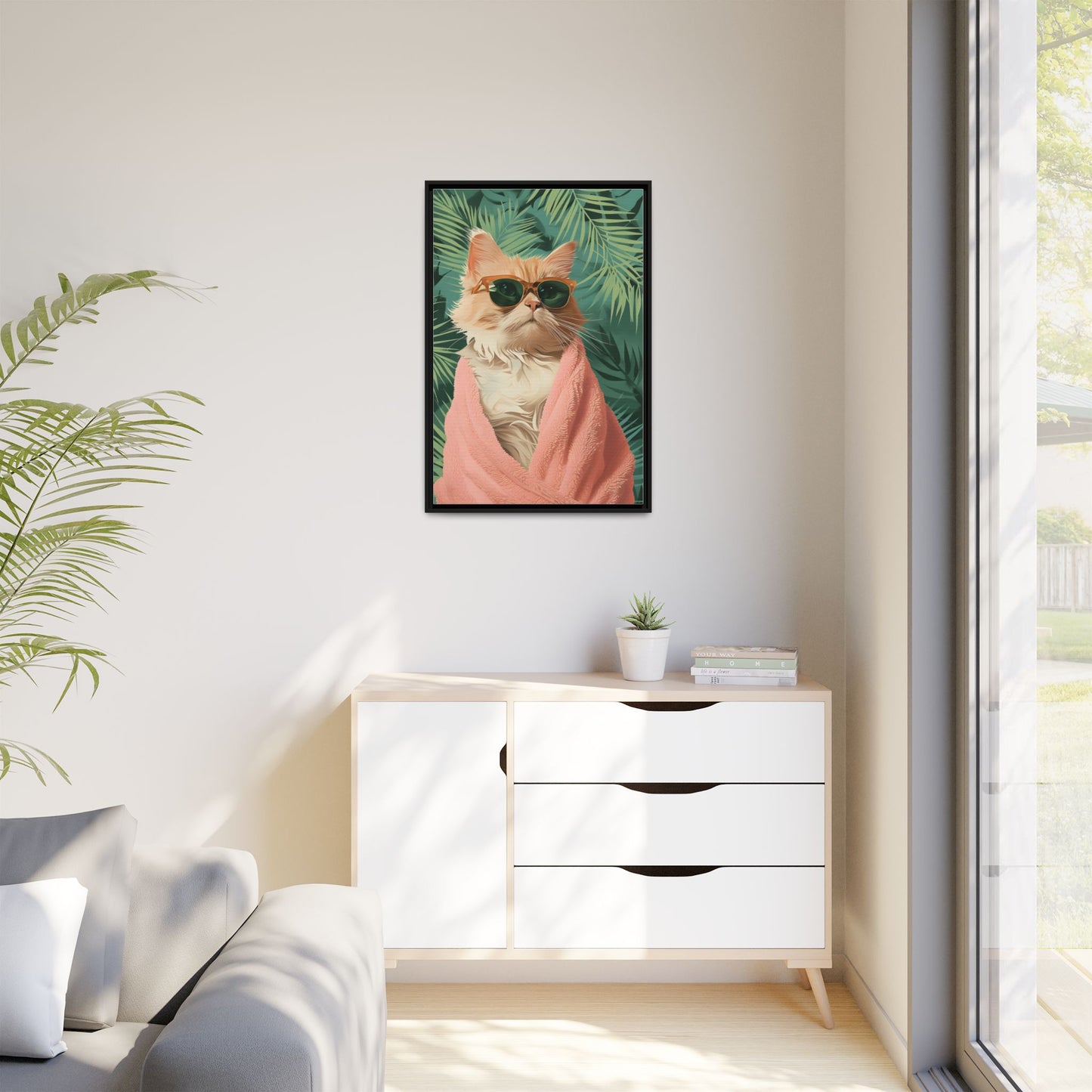 Framed Cat Art Print, Cool Cat Wall Decor, Tropical Vibe Home Decor, Fun Pet Lover Gift, Cute Animal Wall Art