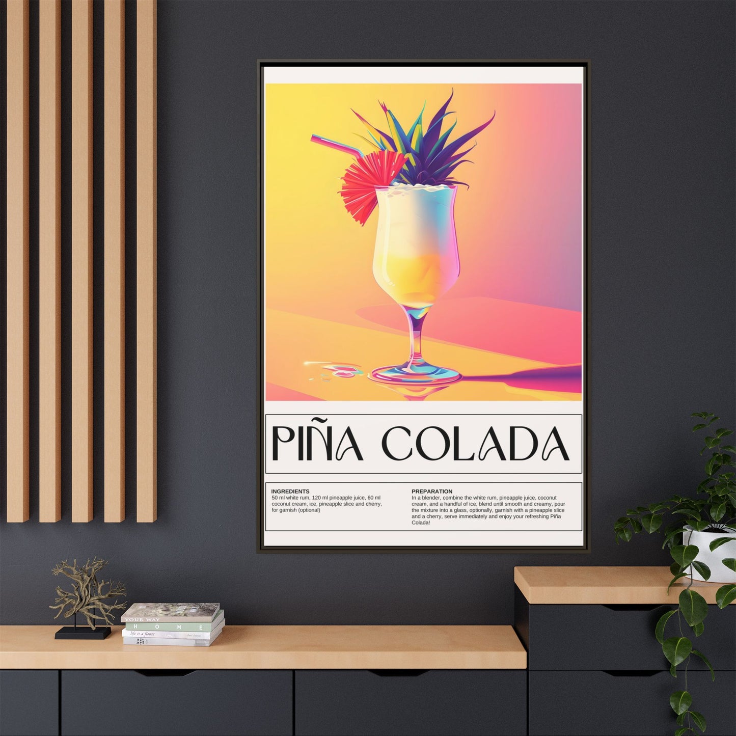 Piña Colada Art Print, Tropical Wall Decor, Summer Vibes Framed Canvas, Cocktail Lover Gift, Home Bar Decoration