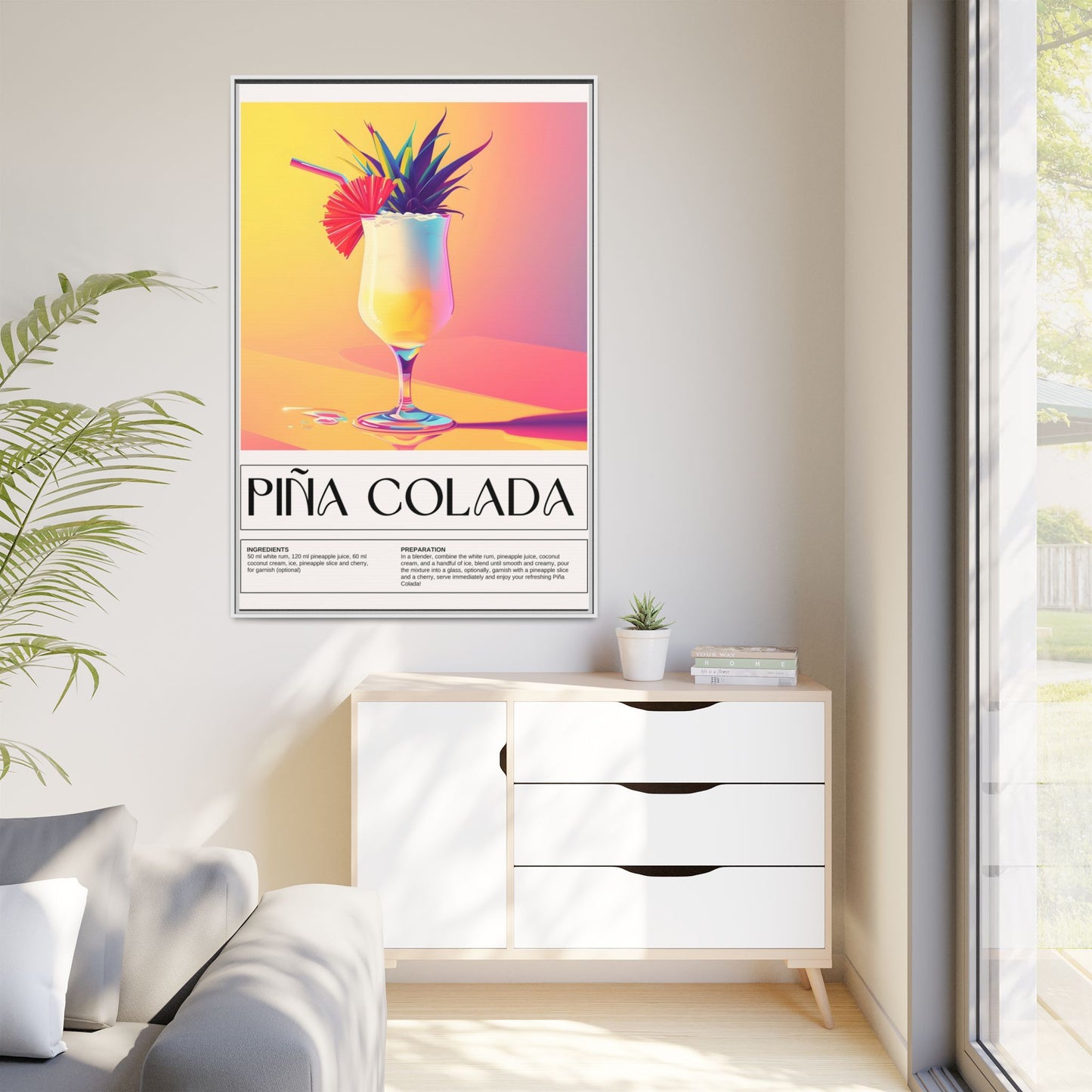 Piña Colada Art Print, Tropical Wall Decor, Summer Vibes Framed Canvas, Cocktail Lover Gift, Home Bar Decoration