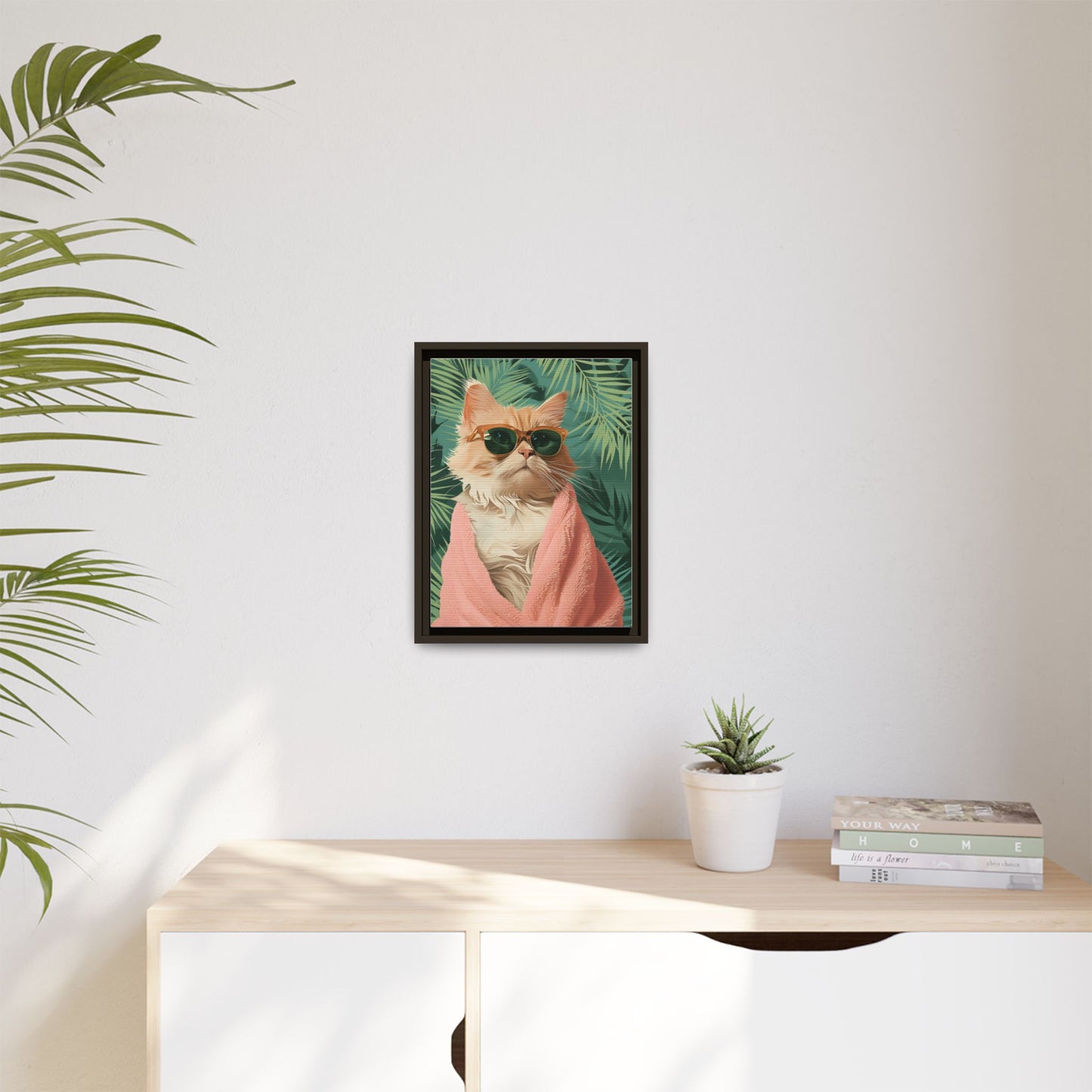 Framed Cat Art Print, Cool Cat Wall Decor, Tropical Vibe Home Decor, Fun Pet Lover Gift, Cute Animal Wall Art
