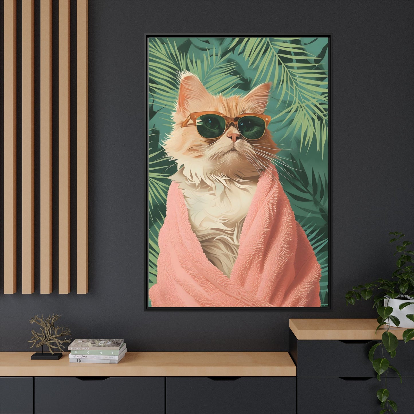 Framed Cat Art Print, Cool Cat Wall Decor, Tropical Vibe Home Decor, Fun Pet Lover Gift, Cute Animal Wall Art