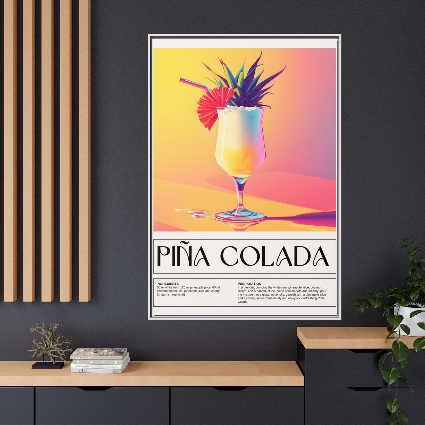 Piña Colada Art Print, Tropical Wall Decor, Summer Vibes Framed Canvas, Cocktail Lover Gift, Home Bar Decoration