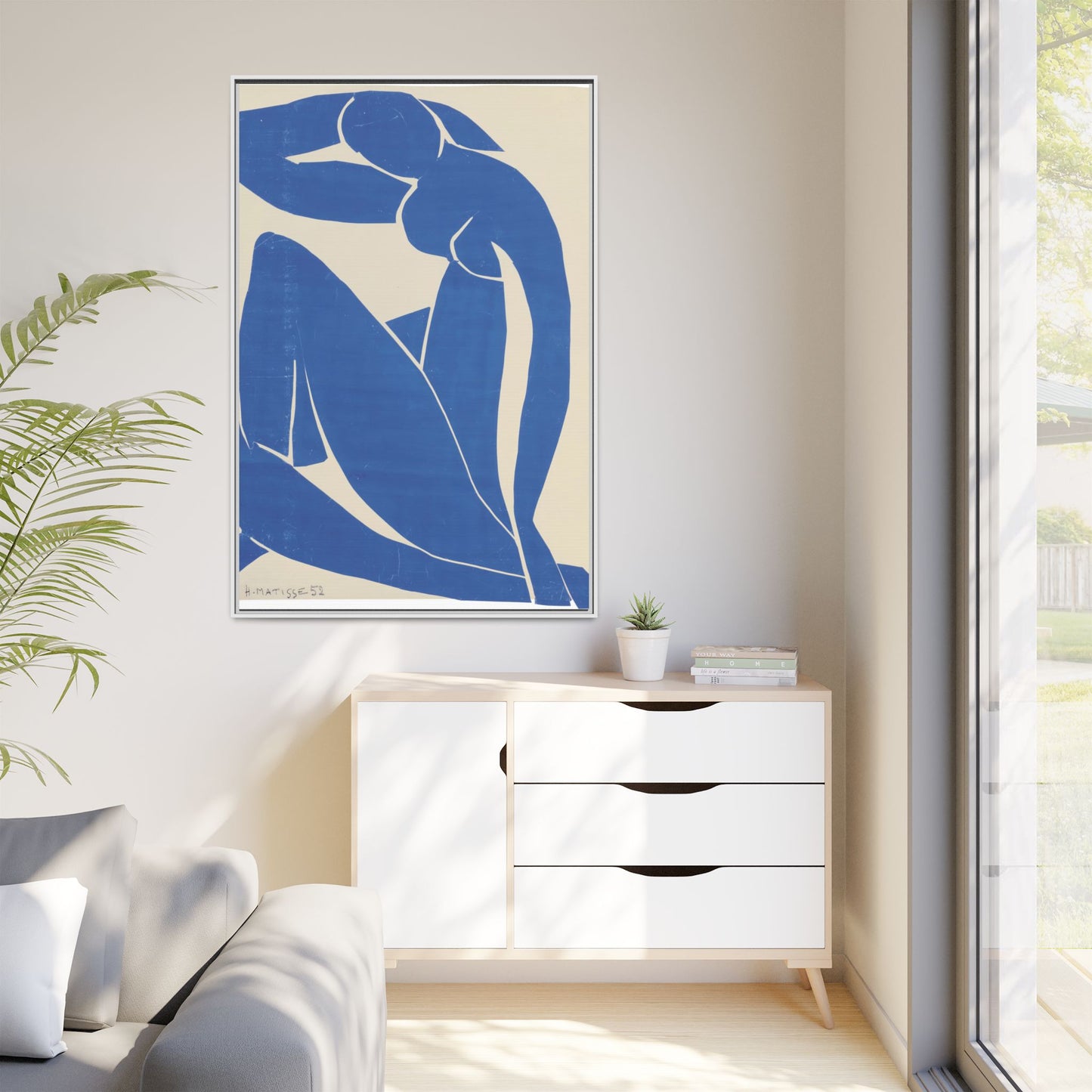 Contemporary Framed Canvas Art - Blue Abstract Figure, Modern Home Decor, Gift for Art Lovers, Stylish Wall Art, Feminine Vibe