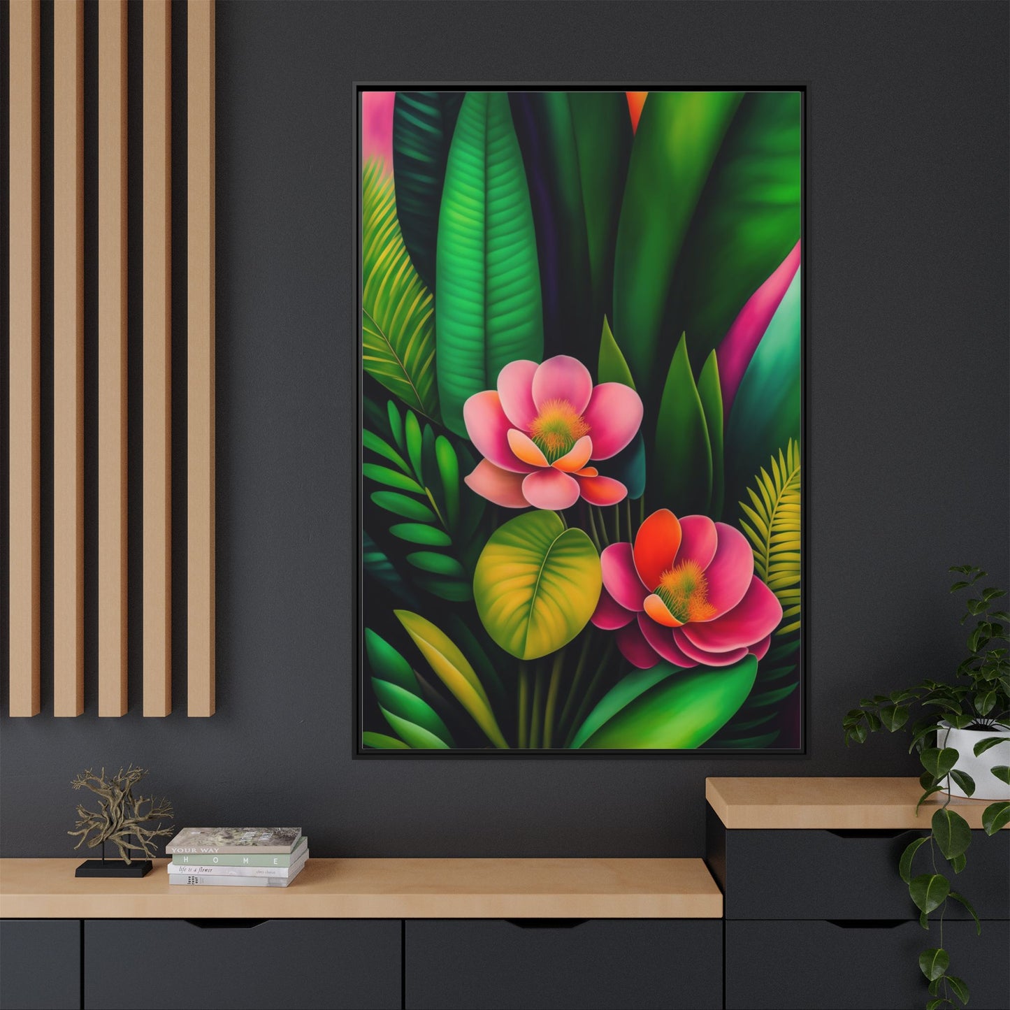 Vibrant Floral Wall Art, Framed Canvas Print, Tropical Decor, Bright Home Aesthetic, Gift for Nature Lovers, Botanical Artwork