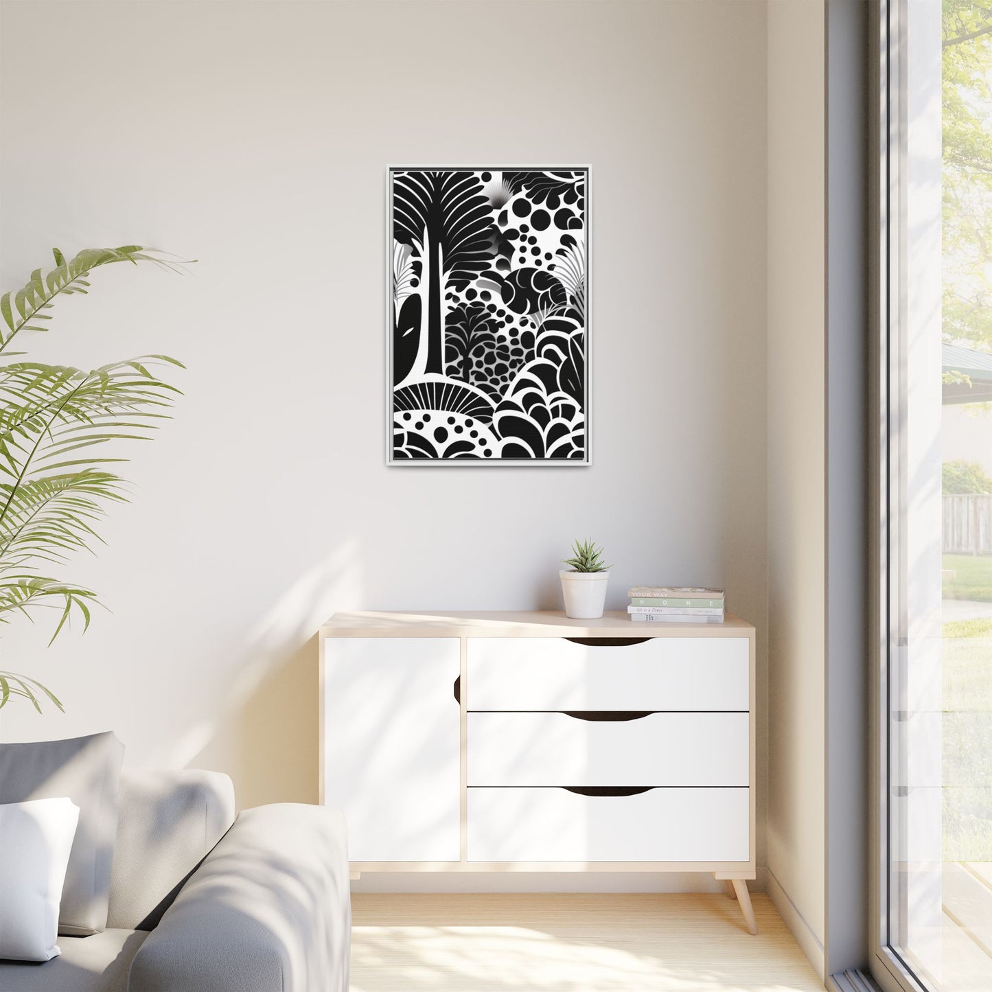 Black and White Framed Art Print, Modern Wall Décor, Minimalist Home Decoration, Botanical Canvas Artwork, Gift for Art Lovers