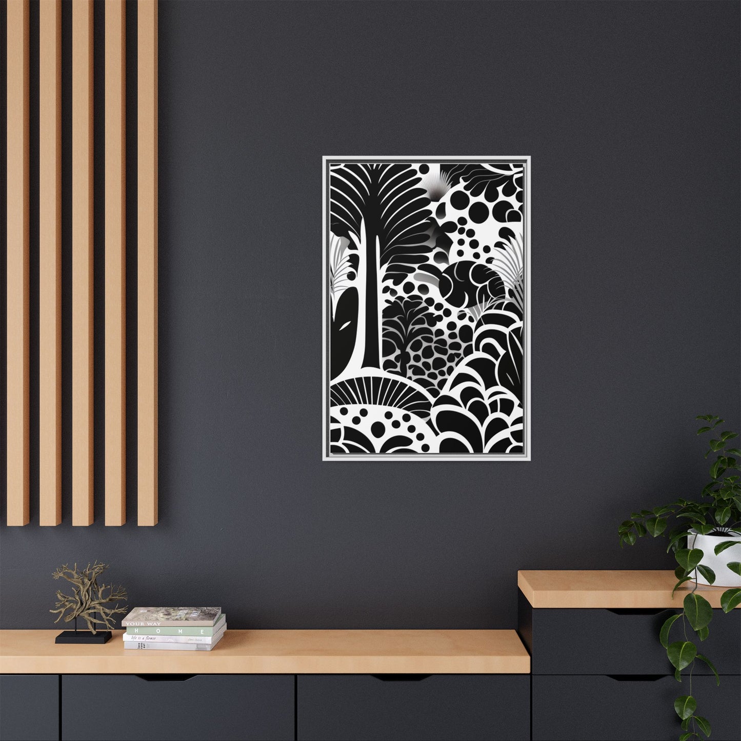 Black and White Framed Art Print, Modern Wall Décor, Minimalist Home Decoration, Botanical Canvas Artwork, Gift for Art Lovers