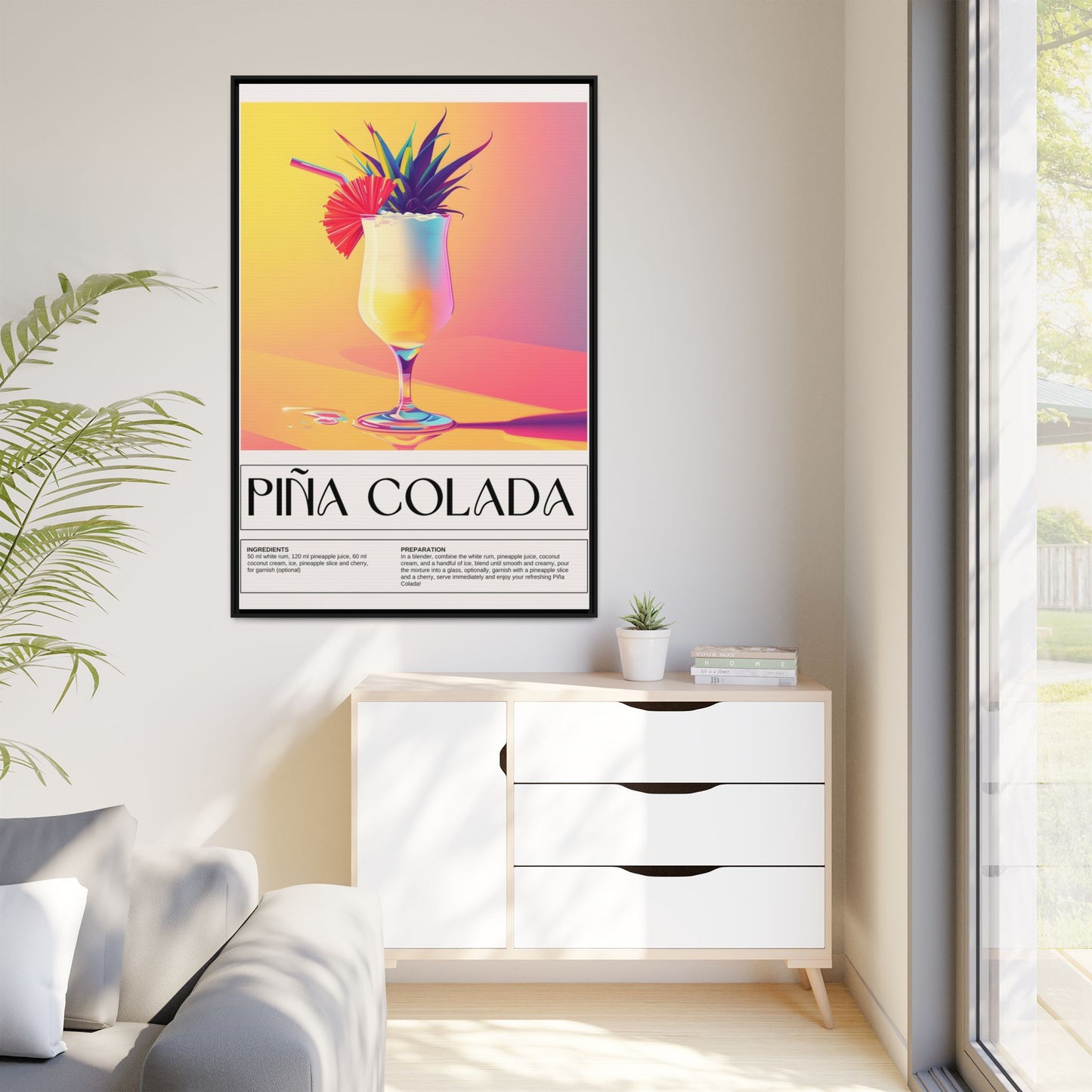 Piña Colada Art Print, Tropical Wall Decor, Summer Vibes Framed Canvas, Cocktail Lover Gift, Home Bar Decoration