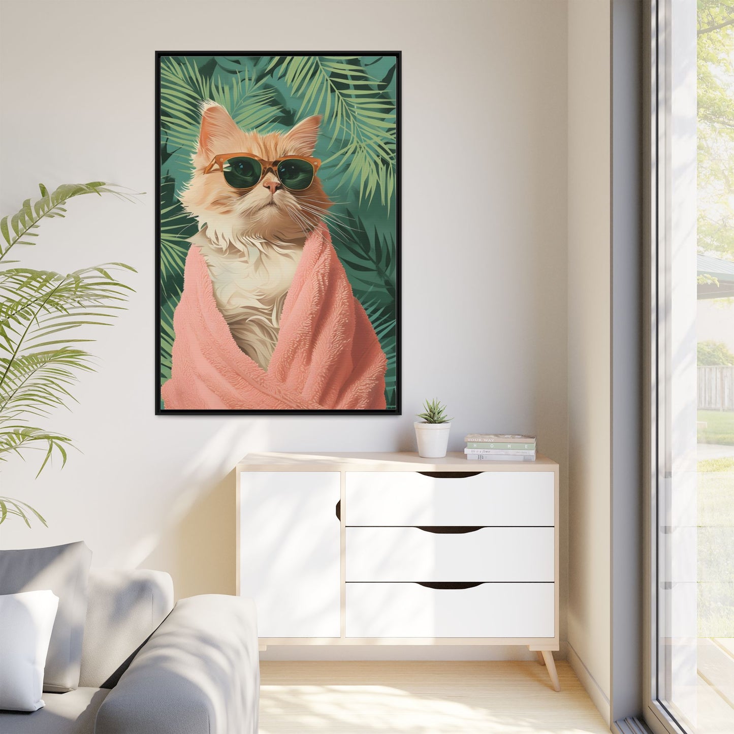 Framed Cat Art Print, Cool Cat Wall Decor, Tropical Vibe Home Decor, Fun Pet Lover Gift, Cute Animal Wall Art