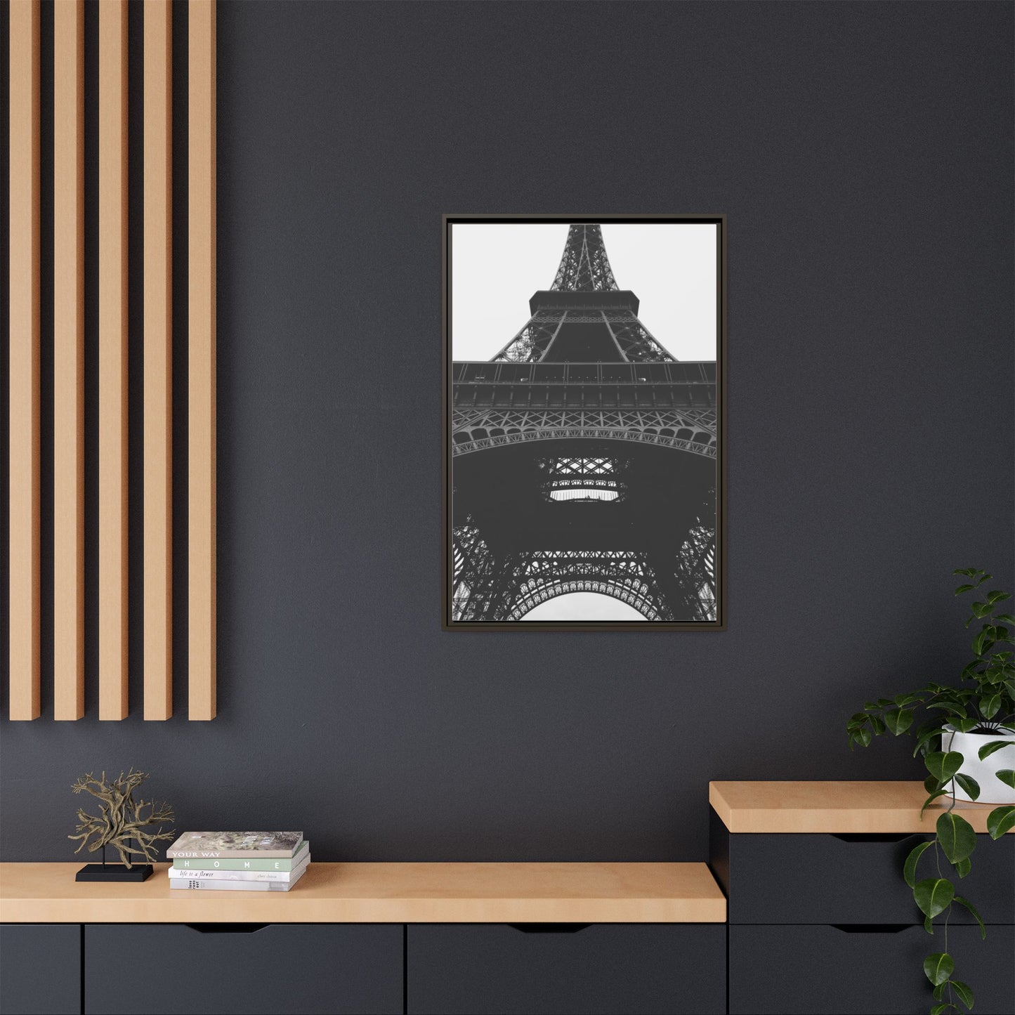 Eiffel Tower Matte Canvas Wall Art - Framed Black and White Decor