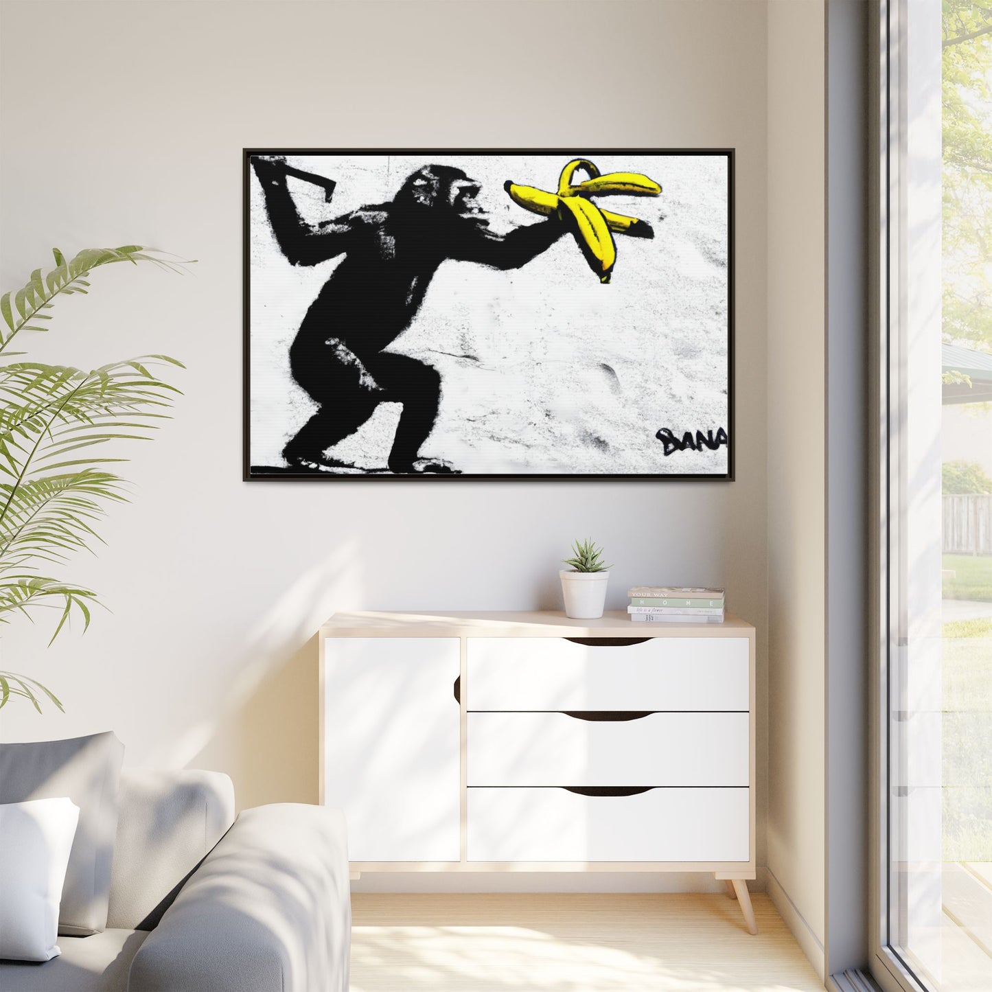 Framed Canvas Art - Playful Monkey with Bananas | Whimsical Wall Decor for Home & Office
