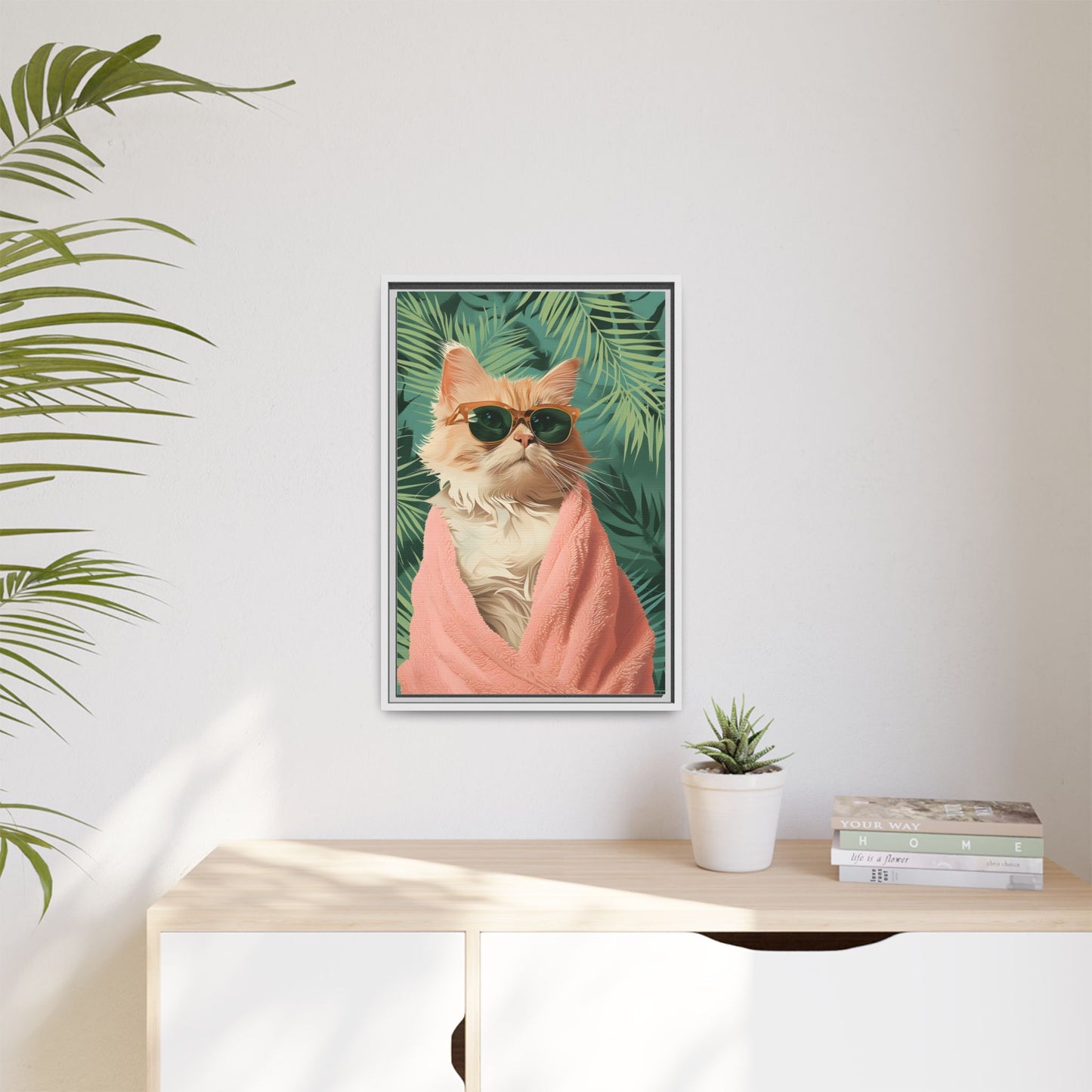 Framed Cat Art Print, Cool Cat Wall Decor, Tropical Vibe Home Decor, Fun Pet Lover Gift, Cute Animal Wall Art