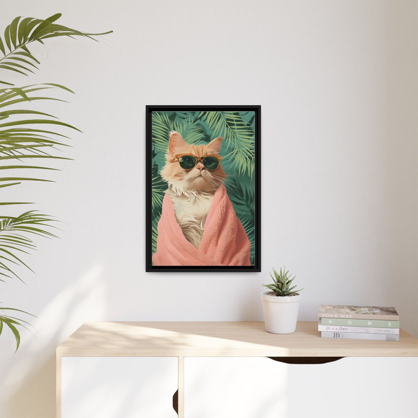 Framed Cat Art Print, Cool Cat Wall Decor, Tropical Vibe Home Decor, Fun Pet Lover Gift, Cute Animal Wall Art