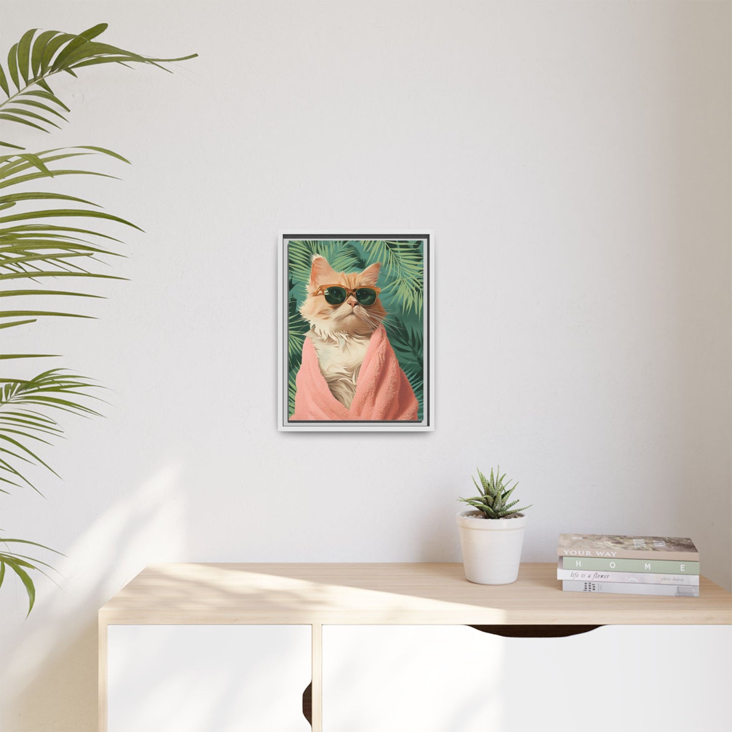 Framed Cat Art Print, Cool Cat Wall Decor, Tropical Vibe Home Decor, Fun Pet Lover Gift, Cute Animal Wall Art