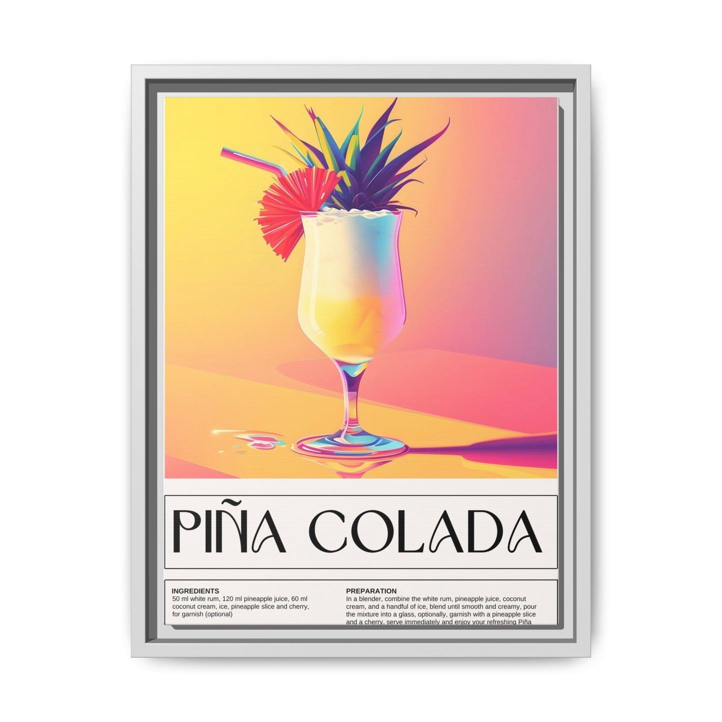 Piña Colada Art Print, Tropical Wall Decor, Summer Vibes Framed Canvas, Cocktail Lover Gift, Home Bar Decoration