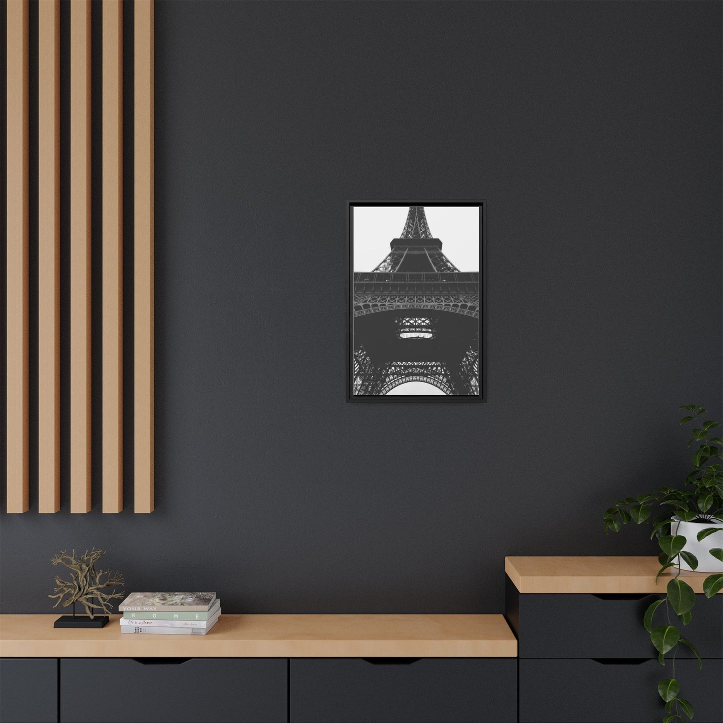 Eiffel Tower Matte Canvas Wall Art - Framed Black and White Decor