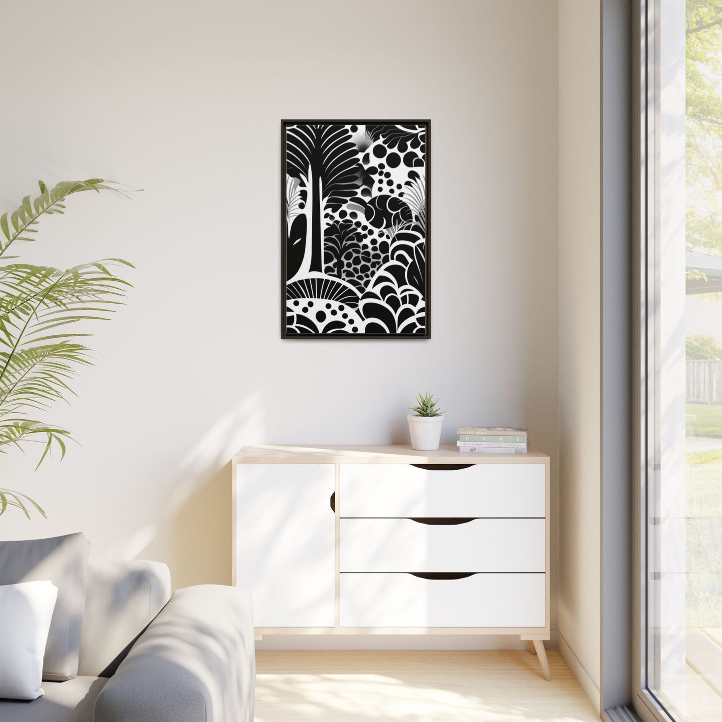 Black and White Framed Art Print, Modern Wall Décor, Minimalist Home Decoration, Botanical Canvas Artwork, Gift for Art Lovers