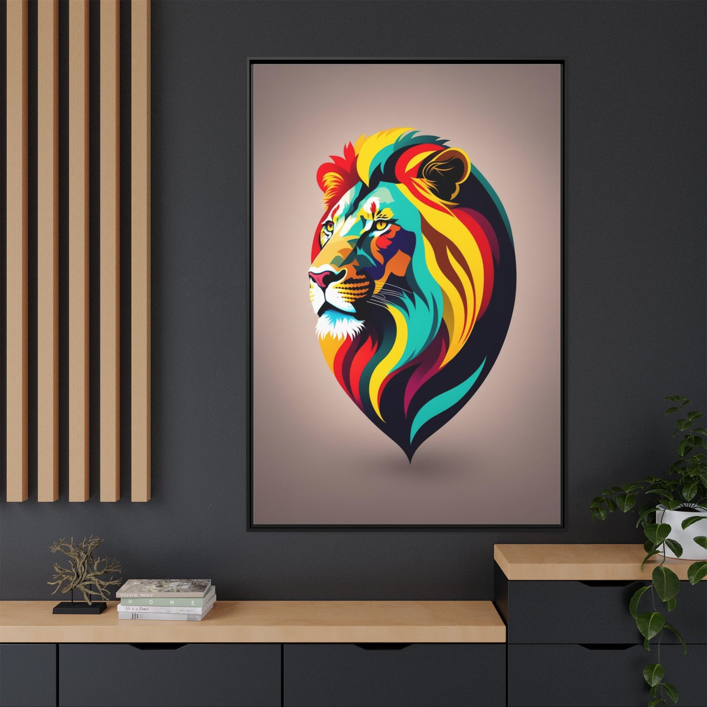 Vibrant Lion Canvas Wall Art, Framed Art Print, Colorful Animal Decor, Living Room Art, Unique Gift Idea