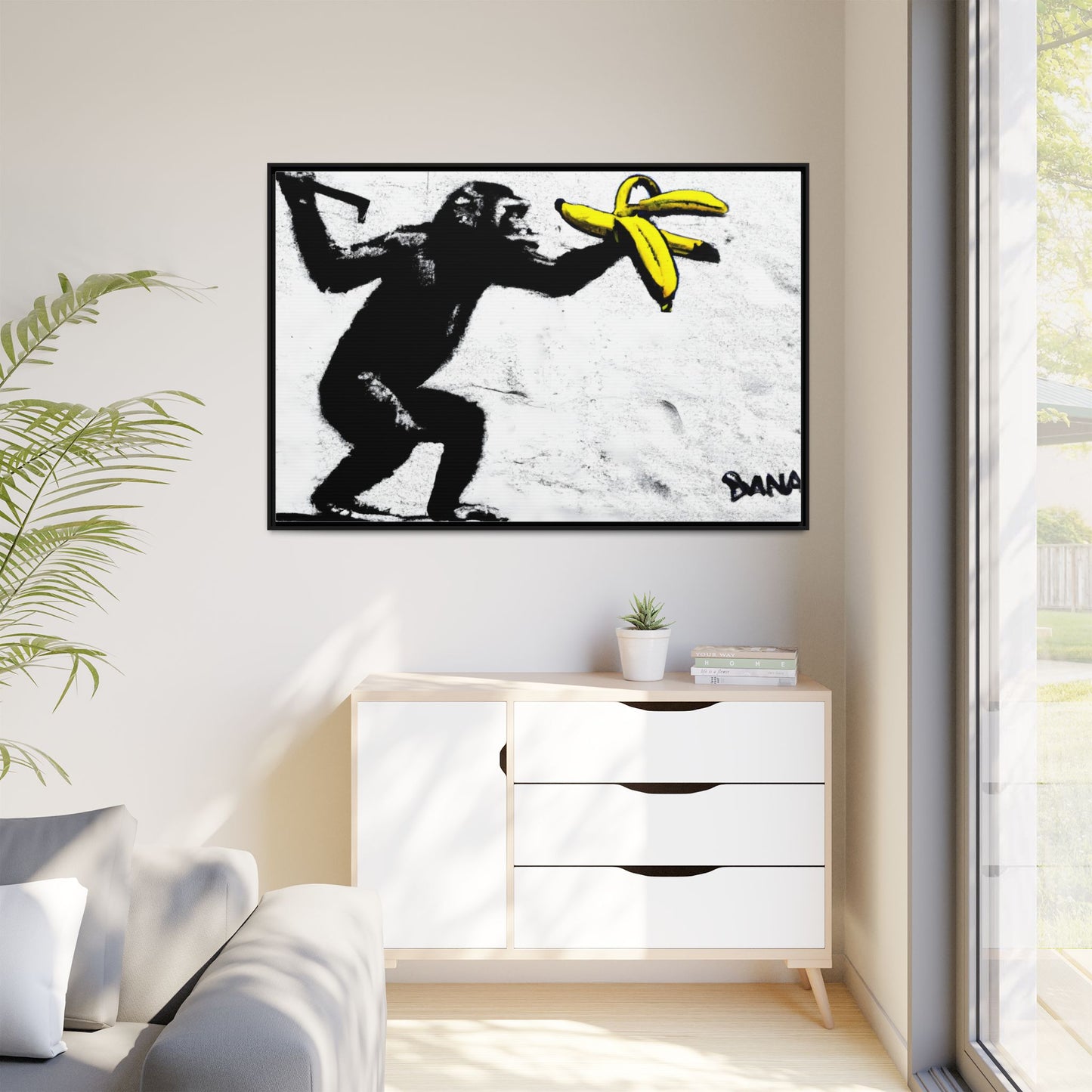 Framed Canvas Art - Playful Monkey with Bananas | Whimsical Wall Decor for Home & Office