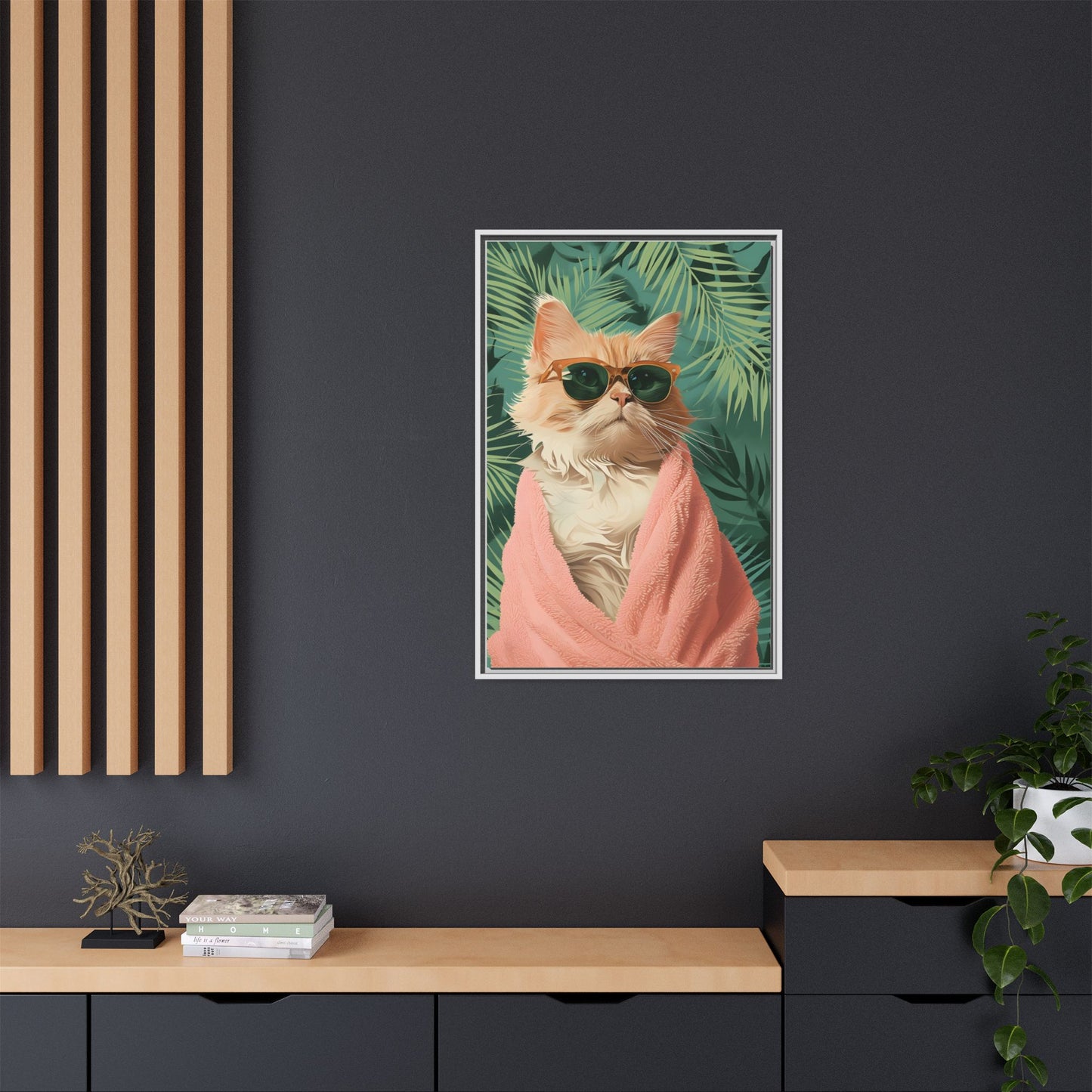 Framed Cat Art Print, Cool Cat Wall Decor, Tropical Vibe Home Decor, Fun Pet Lover Gift, Cute Animal Wall Art
