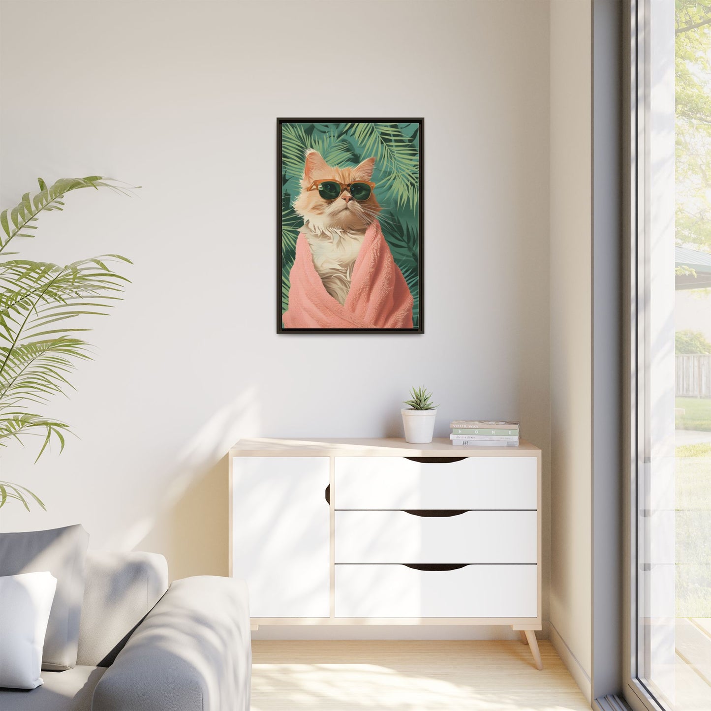 Framed Cat Art Print, Cool Cat Wall Decor, Tropical Vibe Home Decor, Fun Pet Lover Gift, Cute Animal Wall Art