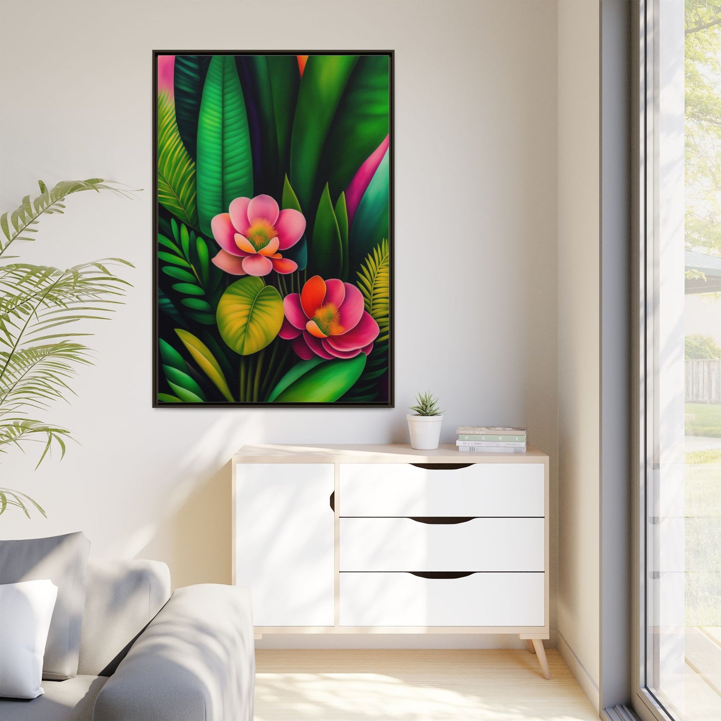 Vibrant Floral Wall Art, Framed Canvas Print, Tropical Decor, Bright Home Aesthetic, Gift for Nature Lovers, Botanical Artwork