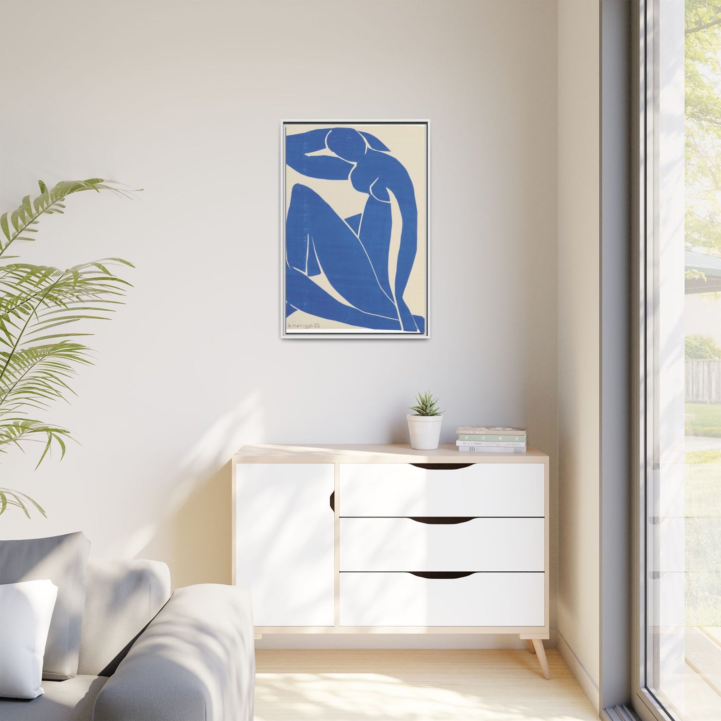 Contemporary Framed Canvas Art - Blue Abstract Figure, Modern Home Decor, Gift for Art Lovers, Stylish Wall Art, Feminine Vibe