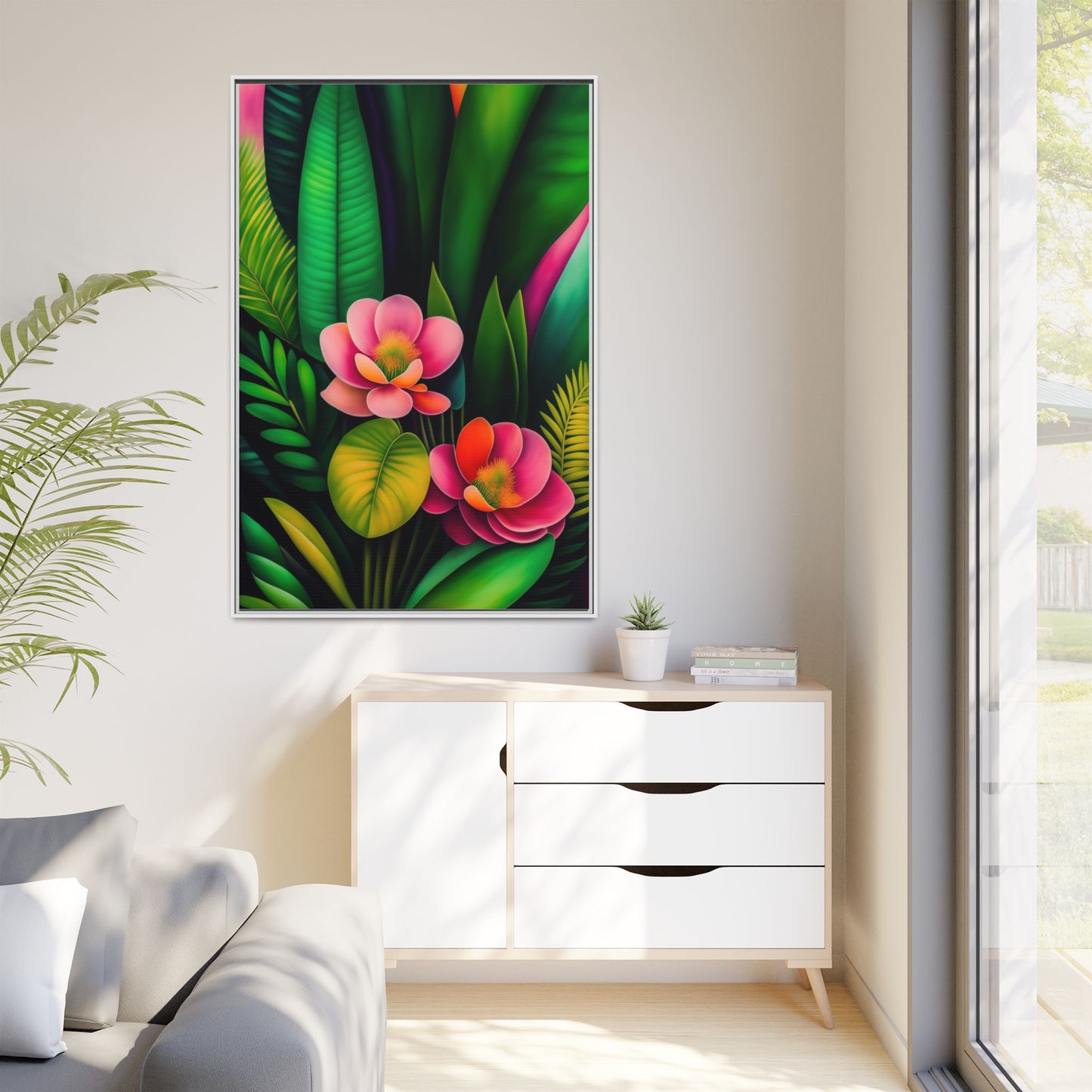 Vibrant Floral Wall Art, Framed Canvas Print, Tropical Decor, Bright Home Aesthetic, Gift for Nature Lovers, Botanical Artwork