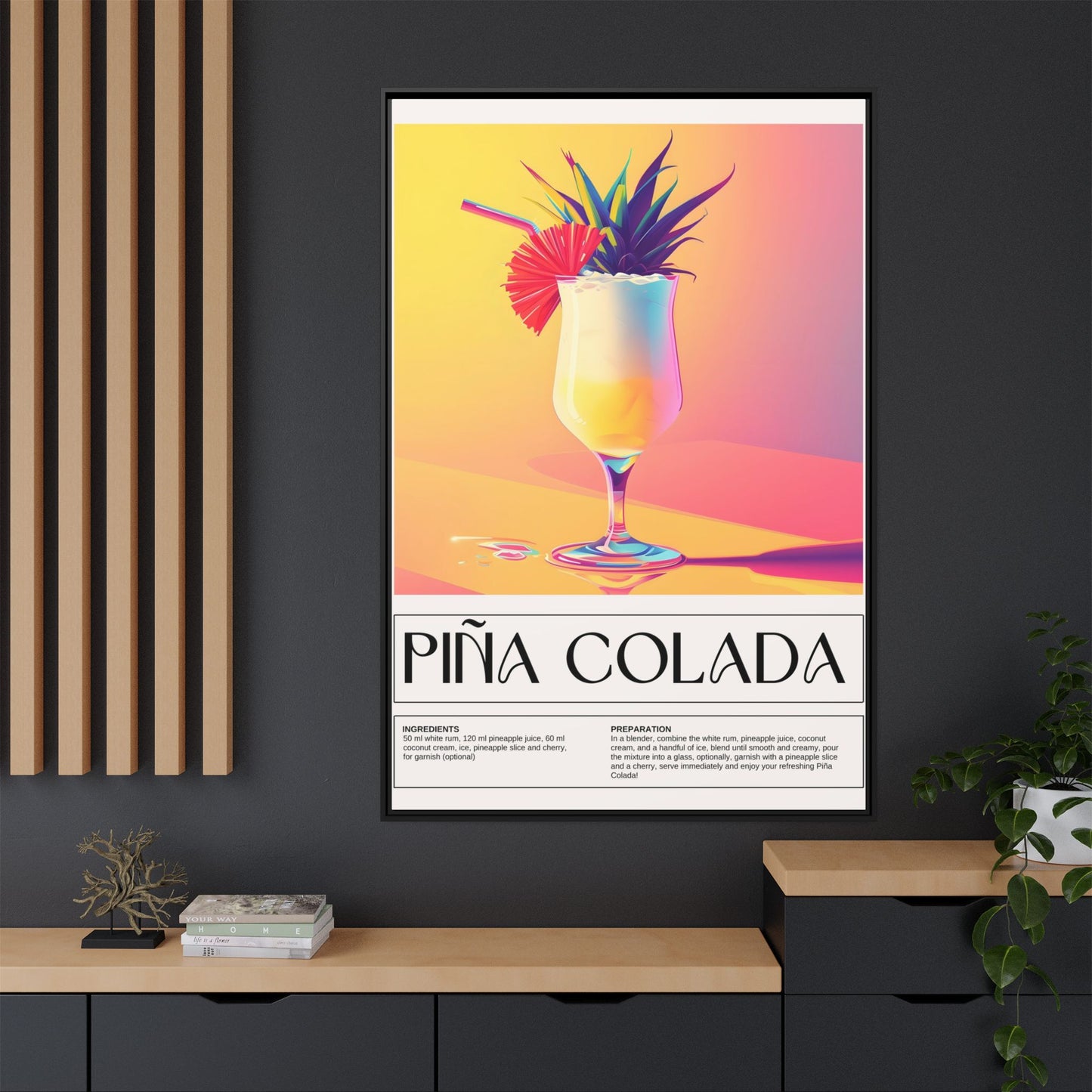 Piña Colada Art Print, Tropical Wall Decor, Summer Vibes Framed Canvas, Cocktail Lover Gift, Home Bar Decoration