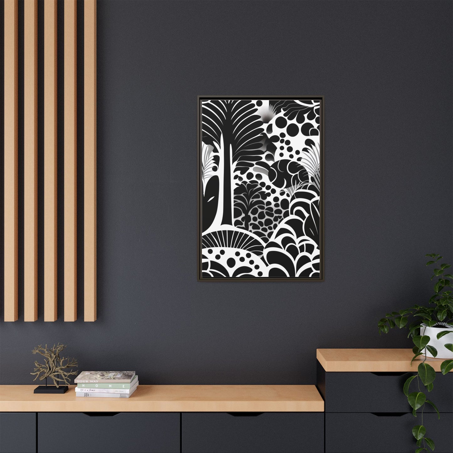 Black and White Framed Art Print, Modern Wall Décor, Minimalist Home Decoration, Botanical Canvas Artwork, Gift for Art Lovers