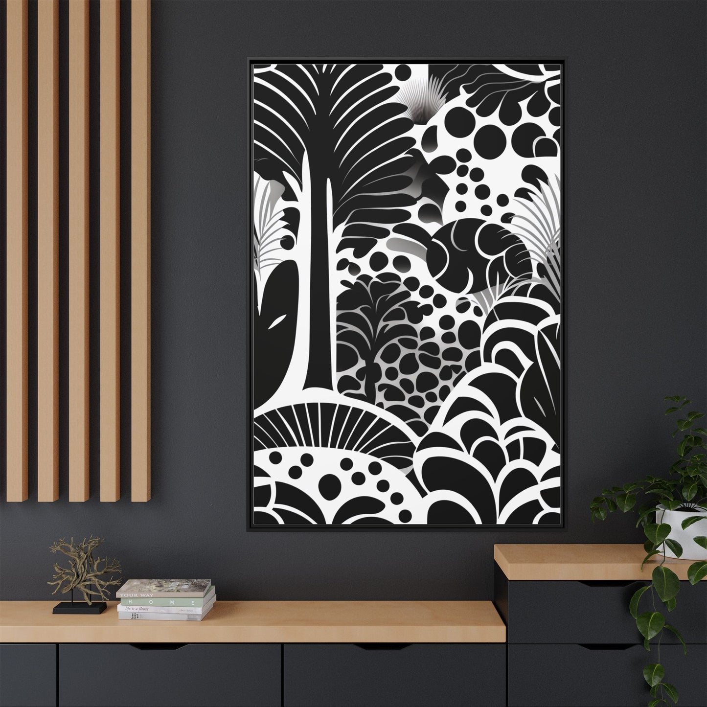 Black and White Framed Art Print, Modern Wall Décor, Minimalist Home Decoration, Botanical Canvas Artwork, Gift for Art Lovers