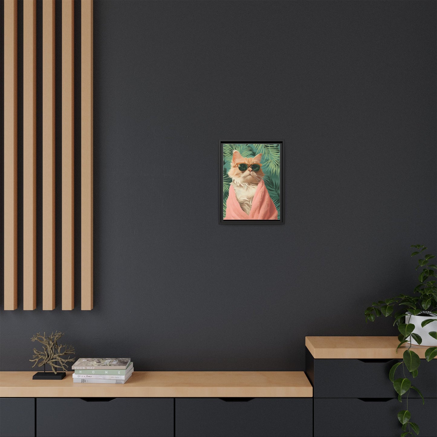 Framed Cat Art Print, Cool Cat Wall Decor, Tropical Vibe Home Decor, Fun Pet Lover Gift, Cute Animal Wall Art