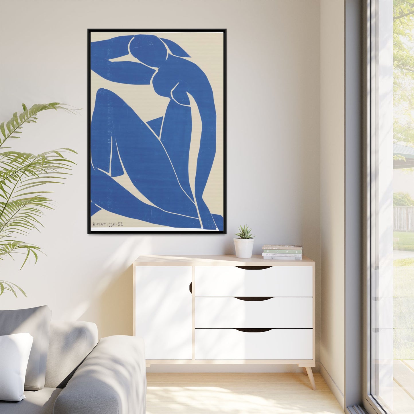 Contemporary Framed Canvas Art - Blue Abstract Figure, Modern Home Decor, Gift for Art Lovers, Stylish Wall Art, Feminine Vibe