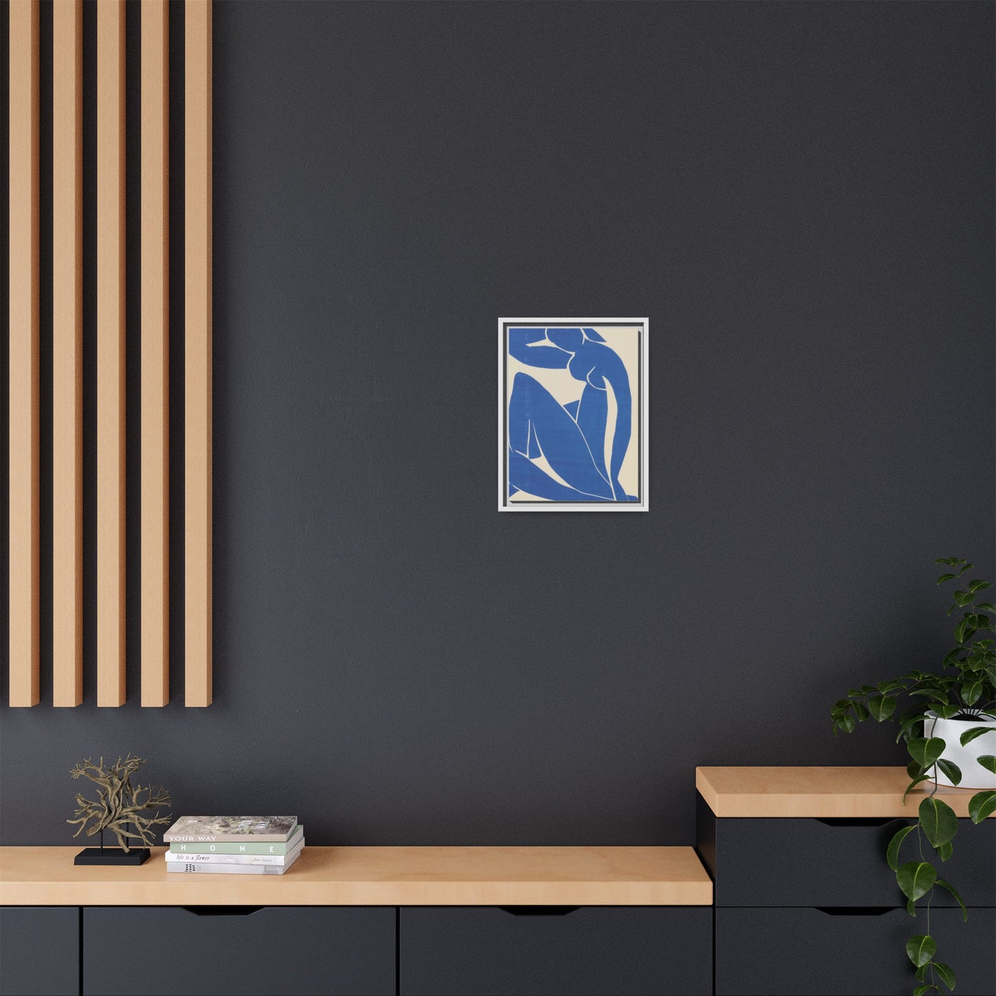Contemporary Framed Canvas Art - Blue Abstract Figure, Modern Home Decor, Gift for Art Lovers, Stylish Wall Art, Feminine Vibe