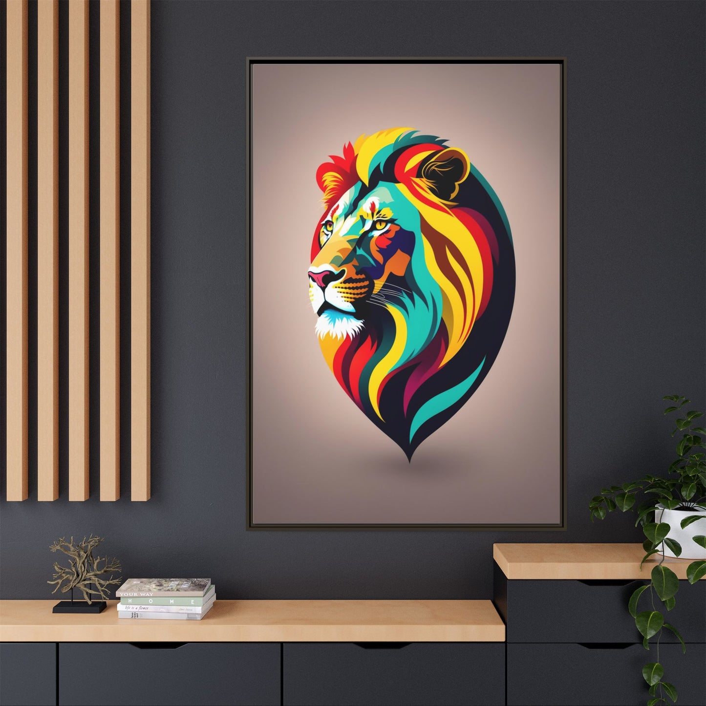 Vibrant Lion Canvas Wall Art, Framed Art Print, Colorful Animal Decor, Living Room Art, Unique Gift Idea