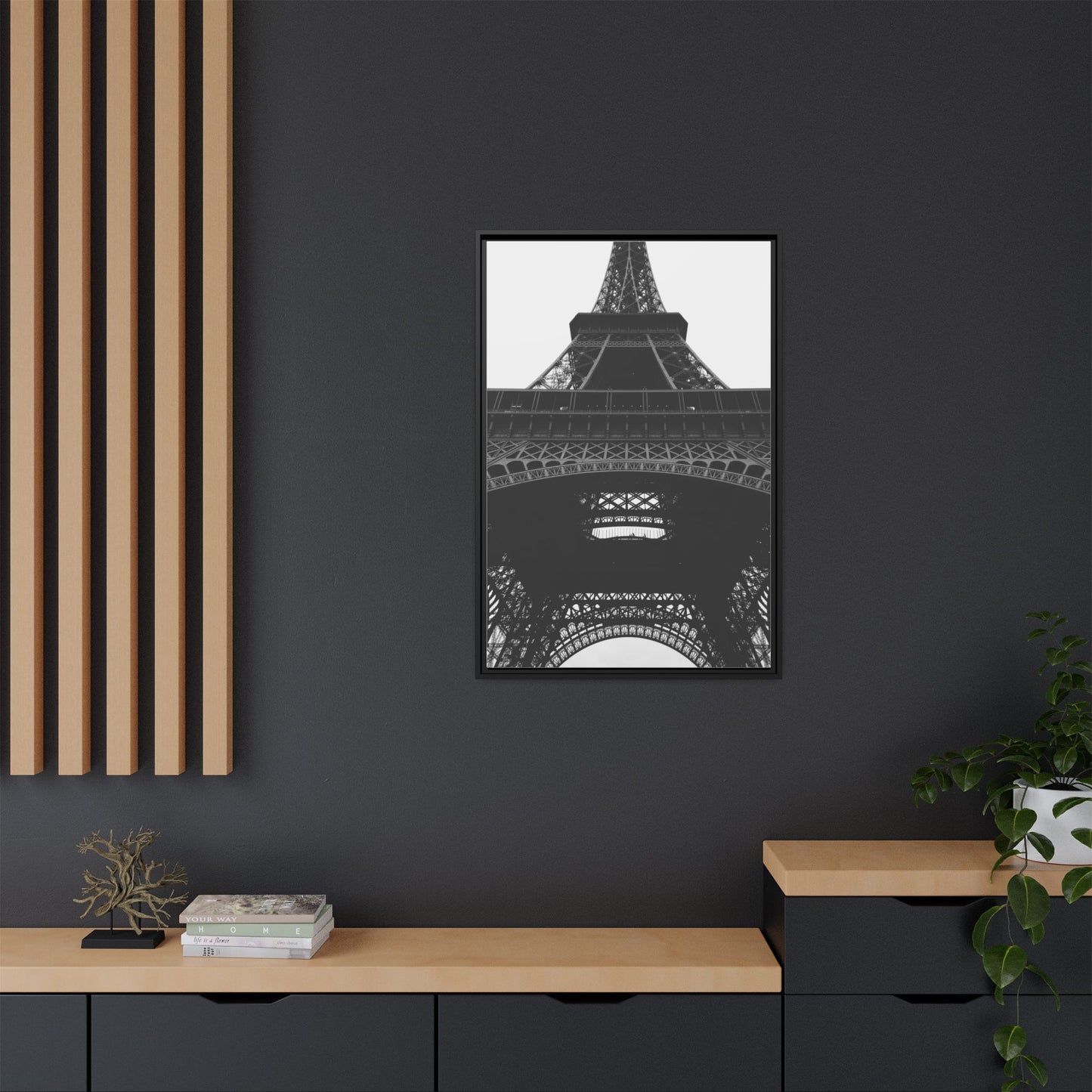 Eiffel Tower Matte Canvas Wall Art - Framed Black and White Decor