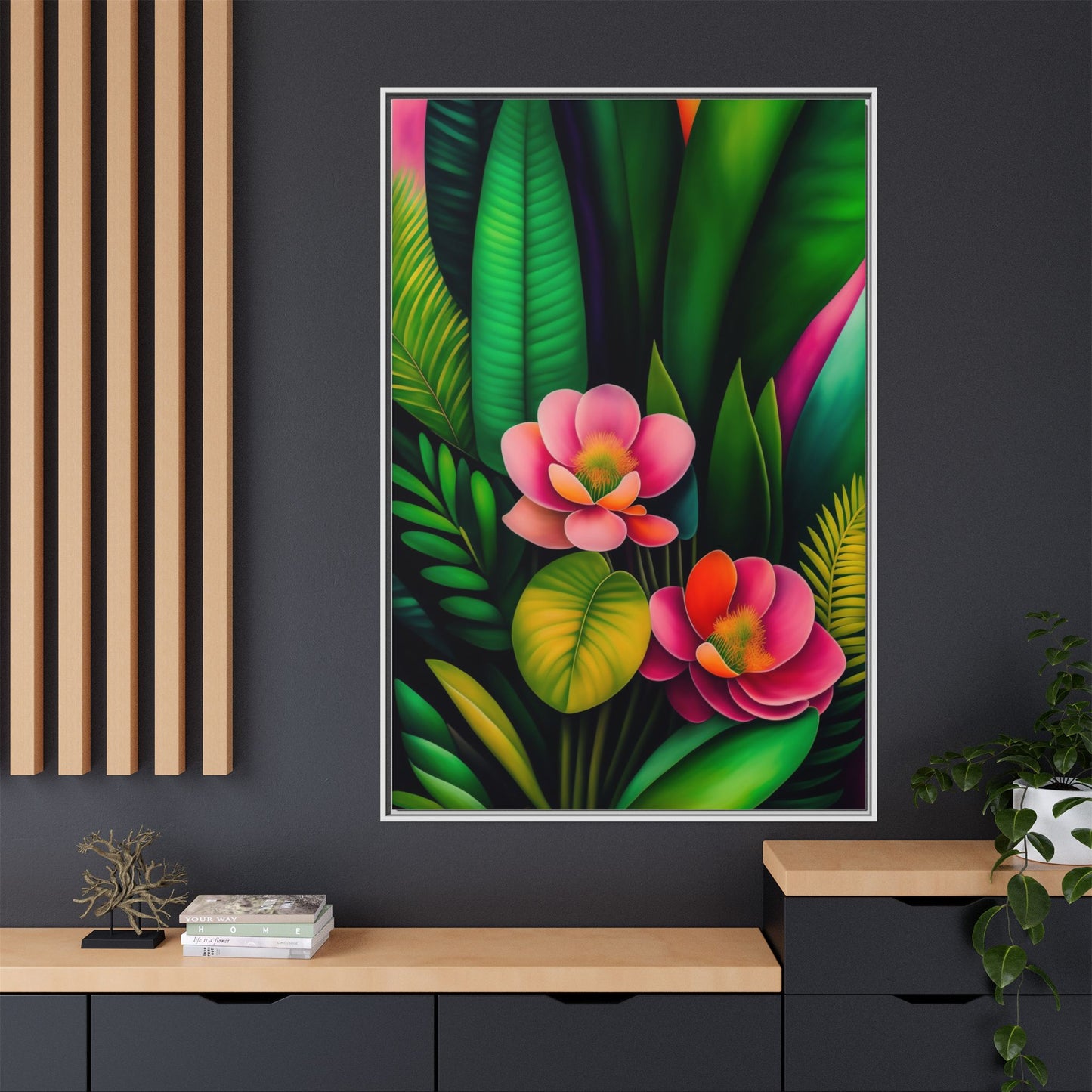 Vibrant Floral Wall Art, Framed Canvas Print, Tropical Decor, Bright Home Aesthetic, Gift for Nature Lovers, Botanical Artwork