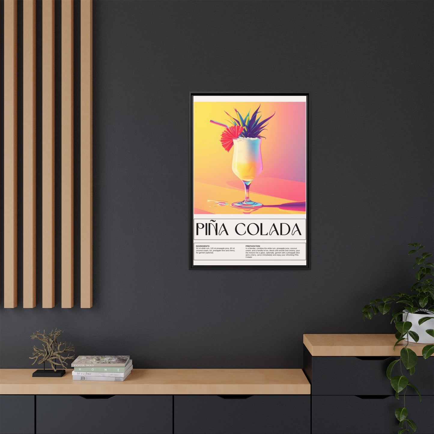Piña Colada Art Print, Tropical Wall Decor, Summer Vibes Framed Canvas, Cocktail Lover Gift, Home Bar Decoration