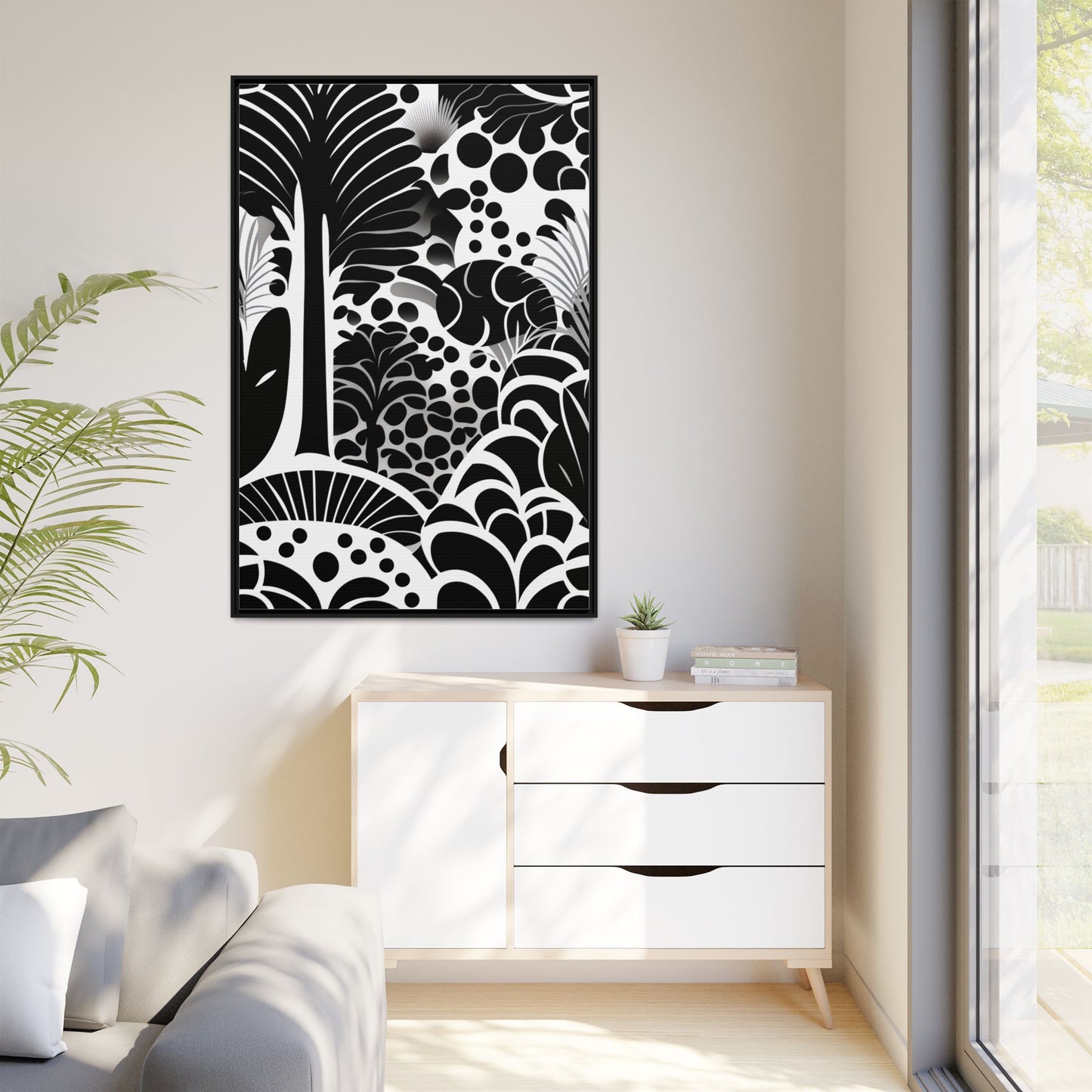 Black and White Framed Art Print, Modern Wall Décor, Minimalist Home Decoration, Botanical Canvas Artwork, Gift for Art Lovers