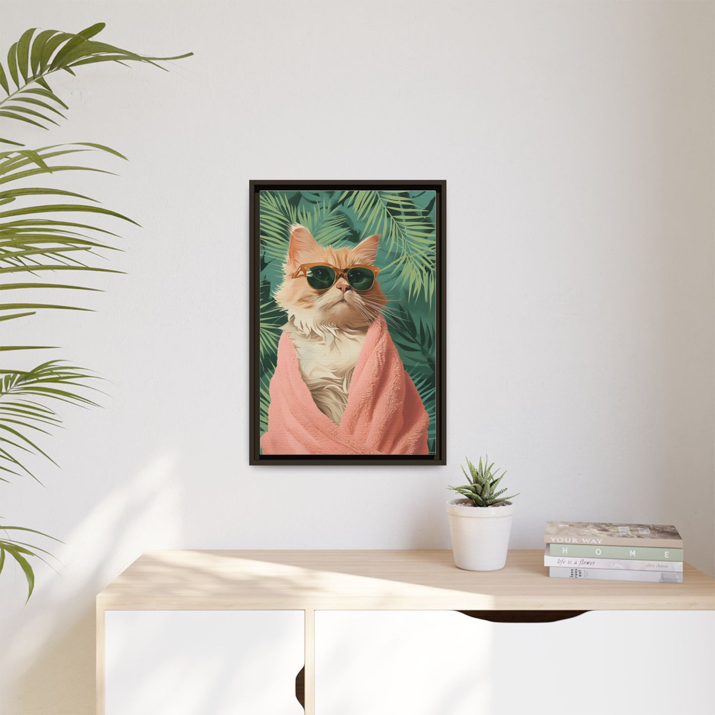 Framed Cat Art Print, Cool Cat Wall Decor, Tropical Vibe Home Decor, Fun Pet Lover Gift, Cute Animal Wall Art