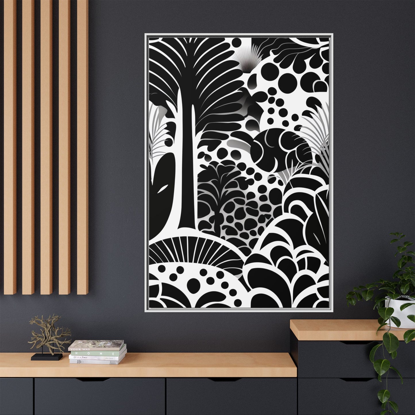 Black and White Framed Art Print, Modern Wall Décor, Minimalist Home Decoration, Botanical Canvas Artwork, Gift for Art Lovers